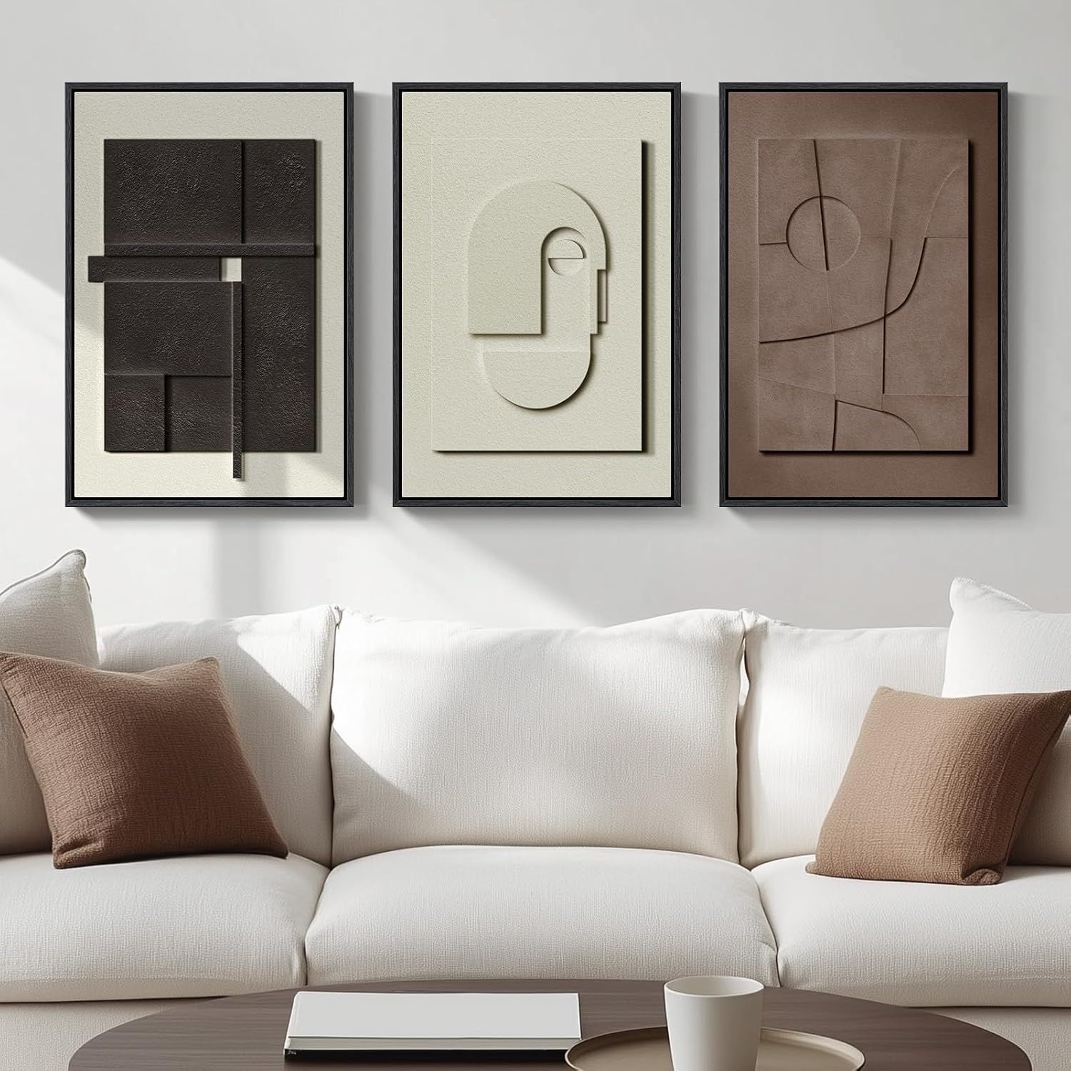 Shows the product displayed in a real-world living room setting to help shoppers visualize how the artwork will look above their furniture.