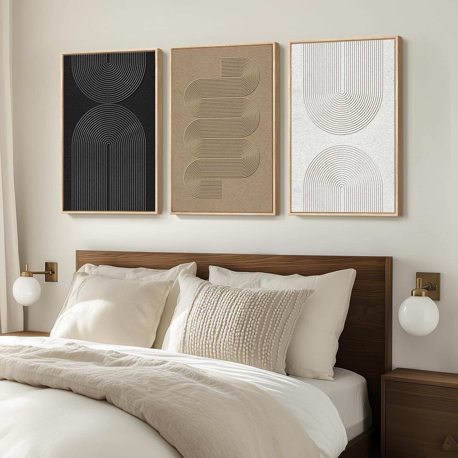 Shows the wall art set styled in a real bedroom environment to help shoppers visualize how the product looks in their own home.