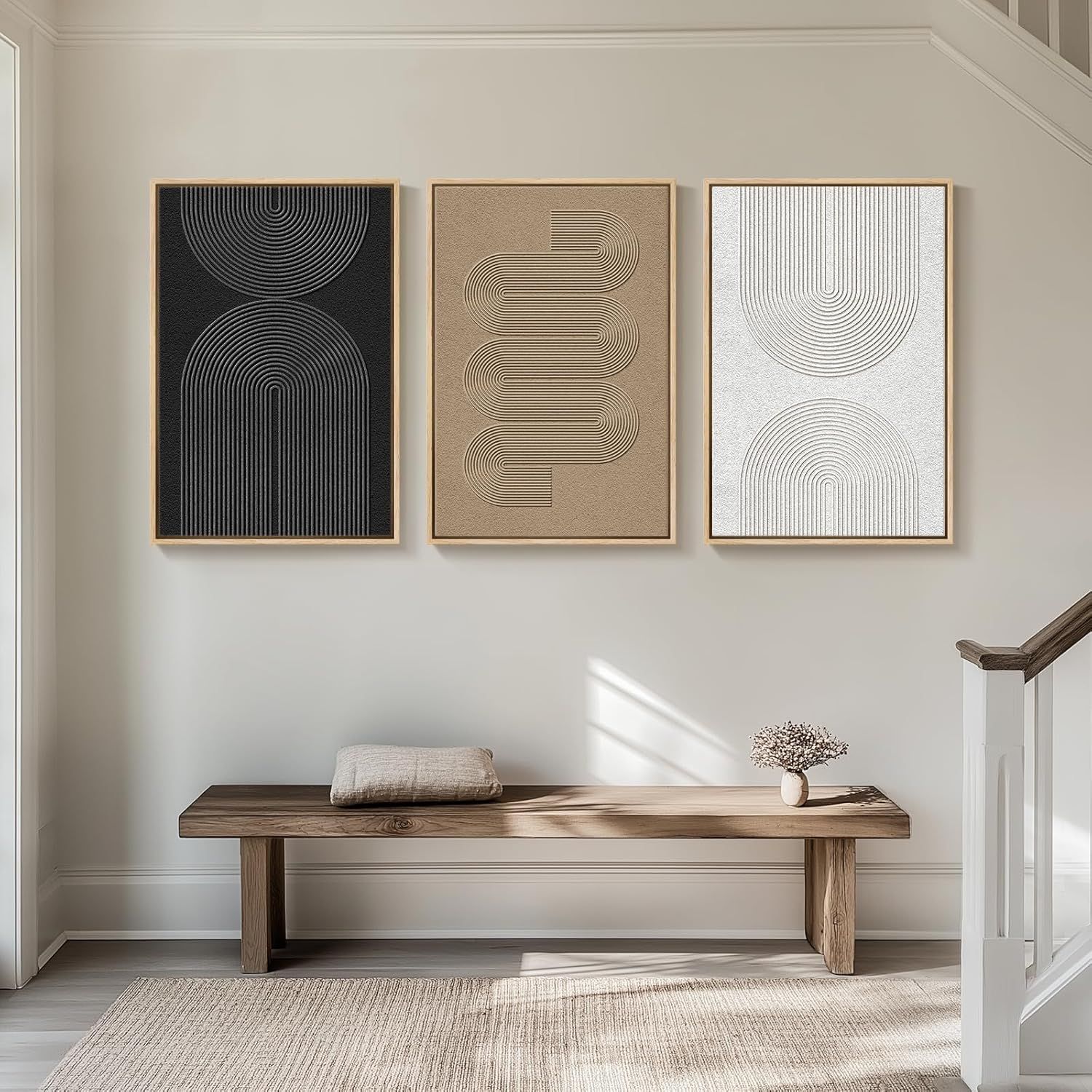 Showcases the wall art set in an entryway or hallway setting to illustrate versatile placement options and inspire shoppers with styling ideas.