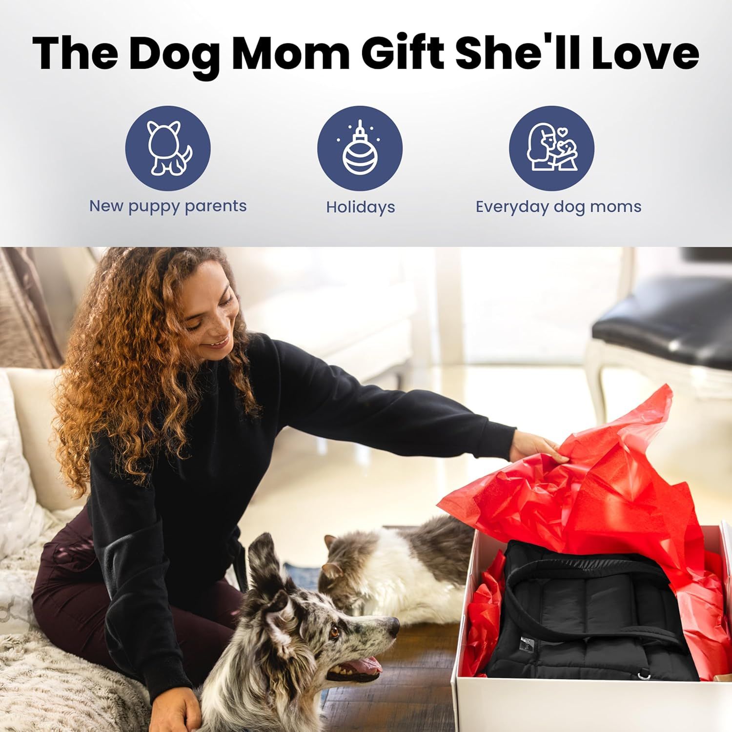 Positions the product as an ideal gift for dog moms across different occasions: new puppy parents, holidays, and everyday dog owners, with gift wrapping shown to reinforce the gifting message.