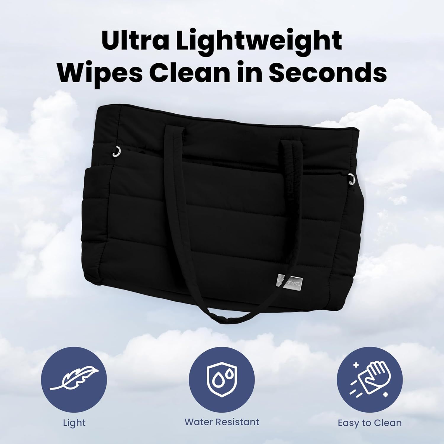Highlights three distinct product benefits in a segmented icon layout: the bag's ultra-lightweight construction, water resistance, and easy cleaning properties, emphasizing practical maintenance…