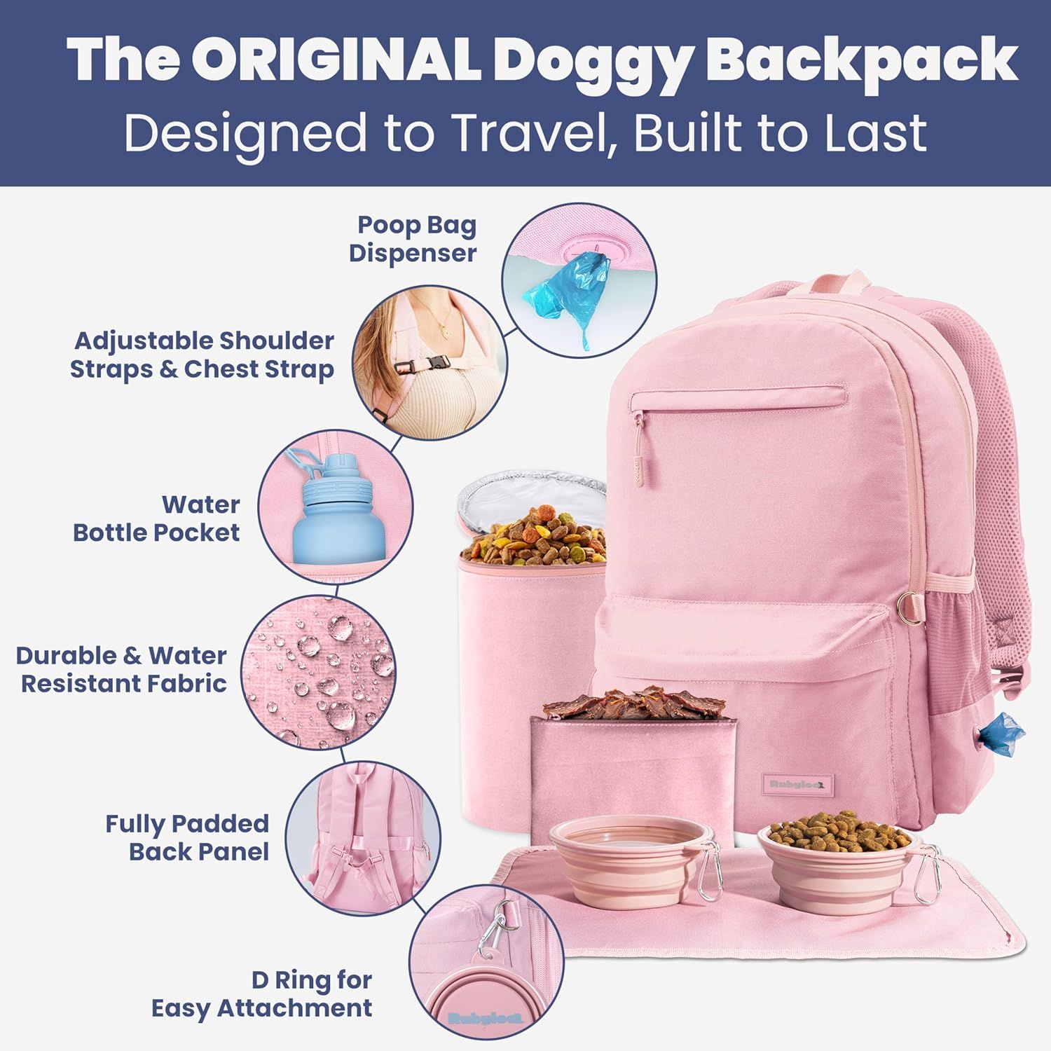 Breaks down the physical components and features of the doggy backpack to help shoppers understand the product's construction and functional parts. Showcases multiple distinct benefits and features…
