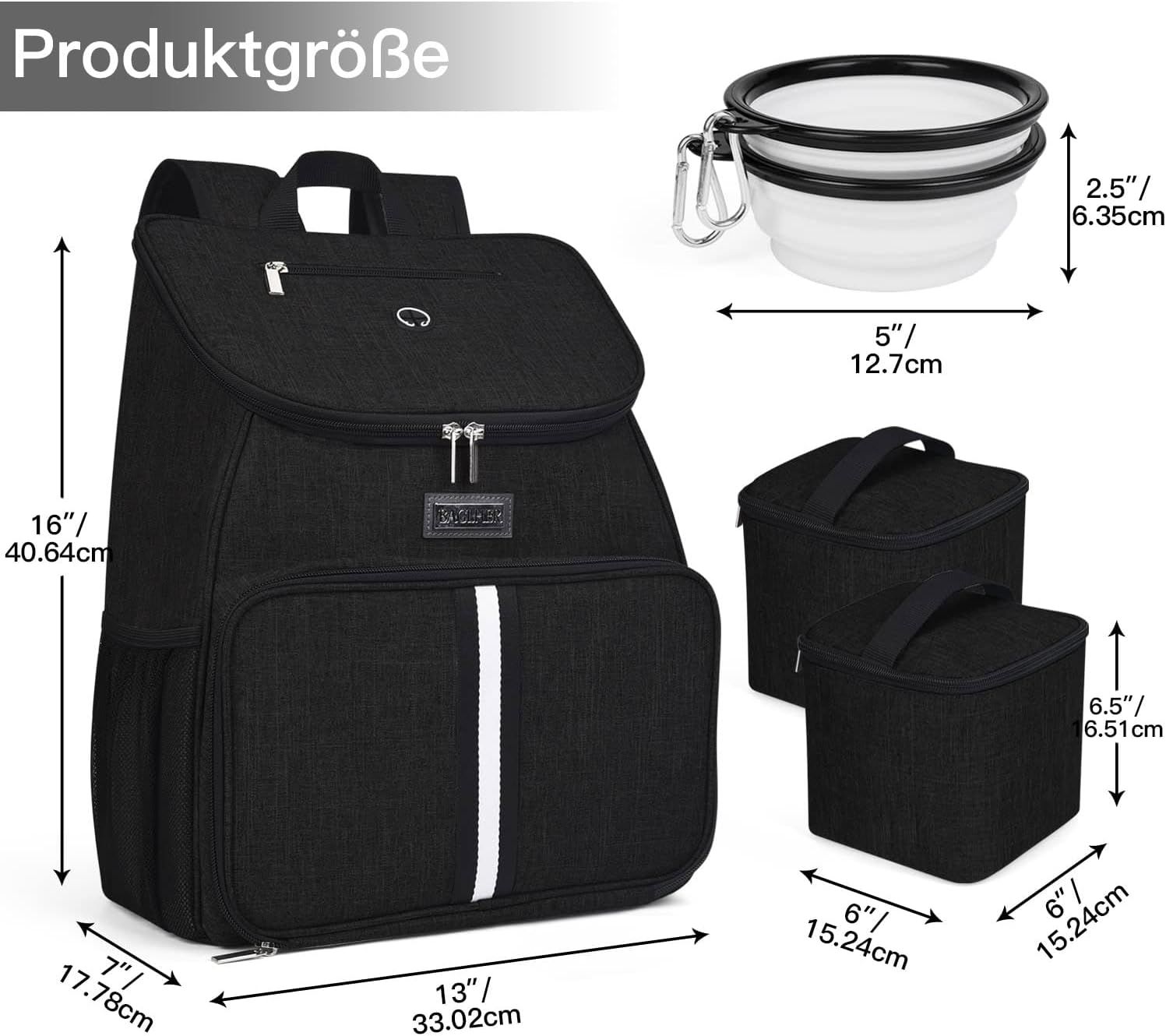 Displays exact measurements of the backpack and included containers to help shoppers understand the physical size and capacity of the product. Shows all items included in the purchase to set clear…