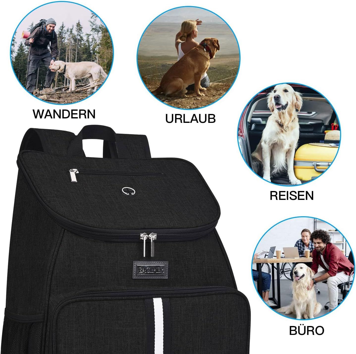 Demonstrates multiple use cases for the dog travel backpack to show shoppers the versatility and range of scenarios where the product is useful.