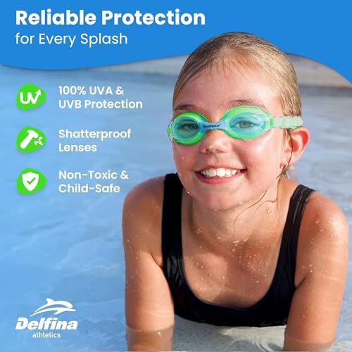 Communicates multiple safety and protection features—UV protection, shatterproof lenses, and child-safe materials—to reassure parents that the goggles are safe and reliable for kids.