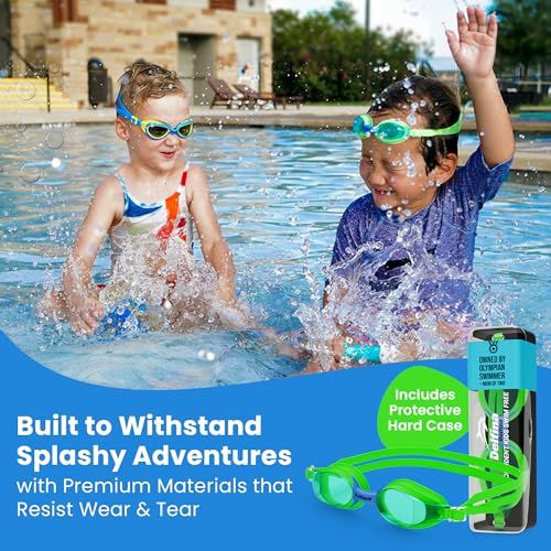 Highlights the goggles' durability and premium construction, reassuring parents that the product is built to last through active play and comes with a protective case for safekeeping. Shows that the…