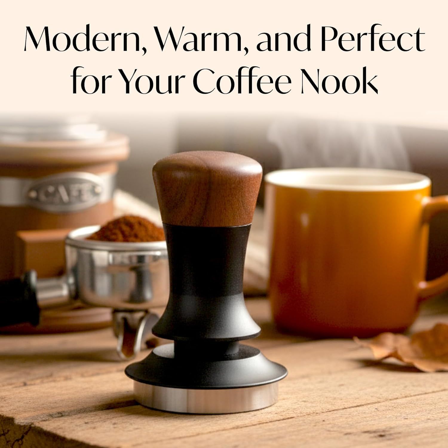 Shows the tamper in a warm, inviting coffee station setting to help shoppers visualize the product in their home.