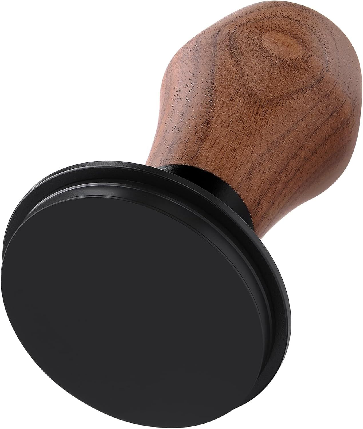 Shows the tamper from a side angle to highlight the wooden handle and flat tamping base design.
