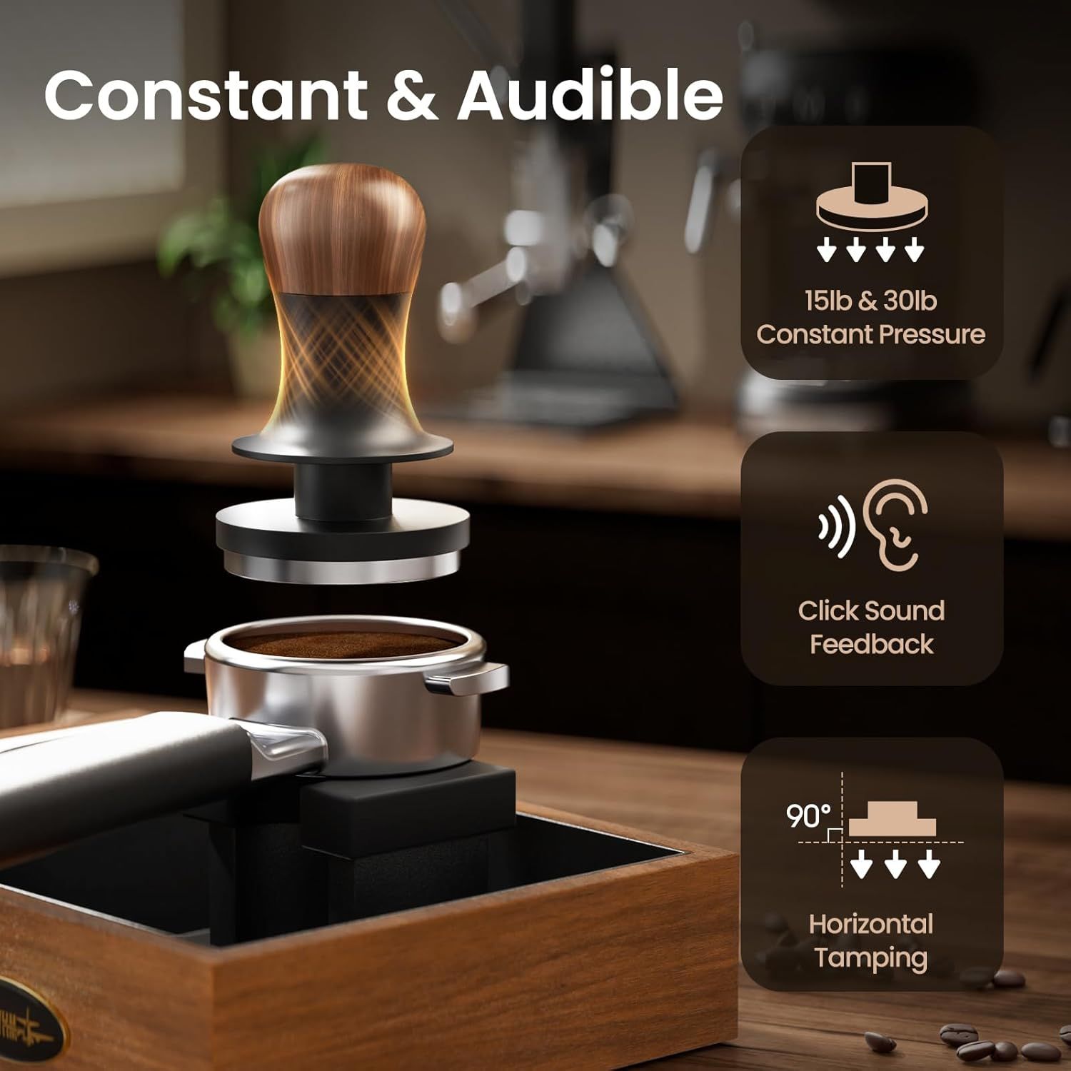 Highlights three distinct benefits of the coffee tamper in a segmented layout: consistent pressure at 15lb and 30lb, audible click feedback for user confirmation, and 90-degree horizontal tamping…