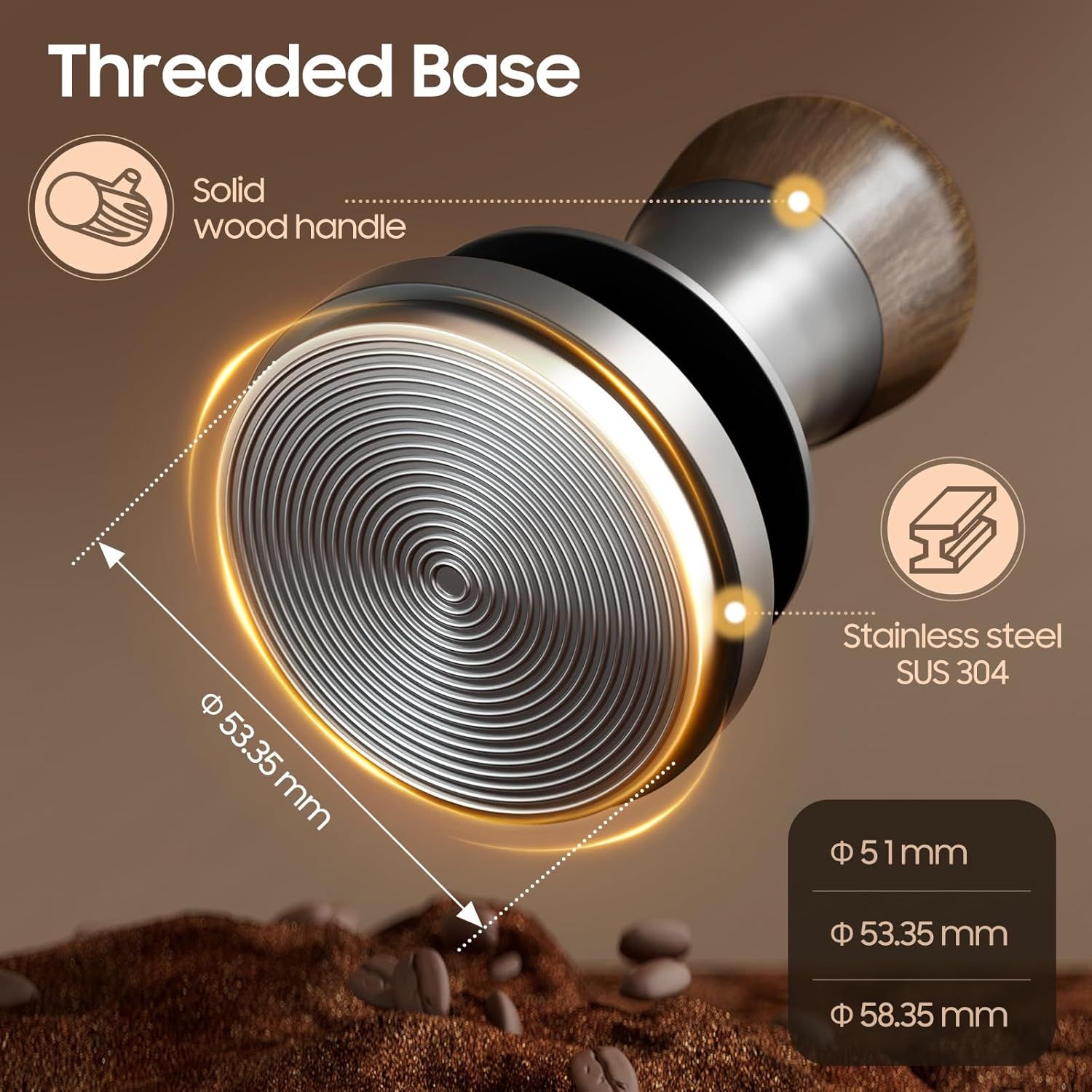 Breaks down the physical components and materials of the coffee tamper base, showing the threaded design, solid wood handle, and stainless steel construction with dimensional specifications.…