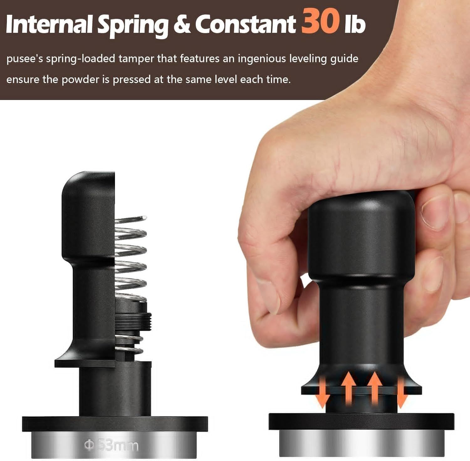 Highlights the tamper's calibrated 30 lb pressure feature with spring-loaded mechanism to ensure consistent tamping results every time. Shows the internal spring component and how the tamper's…