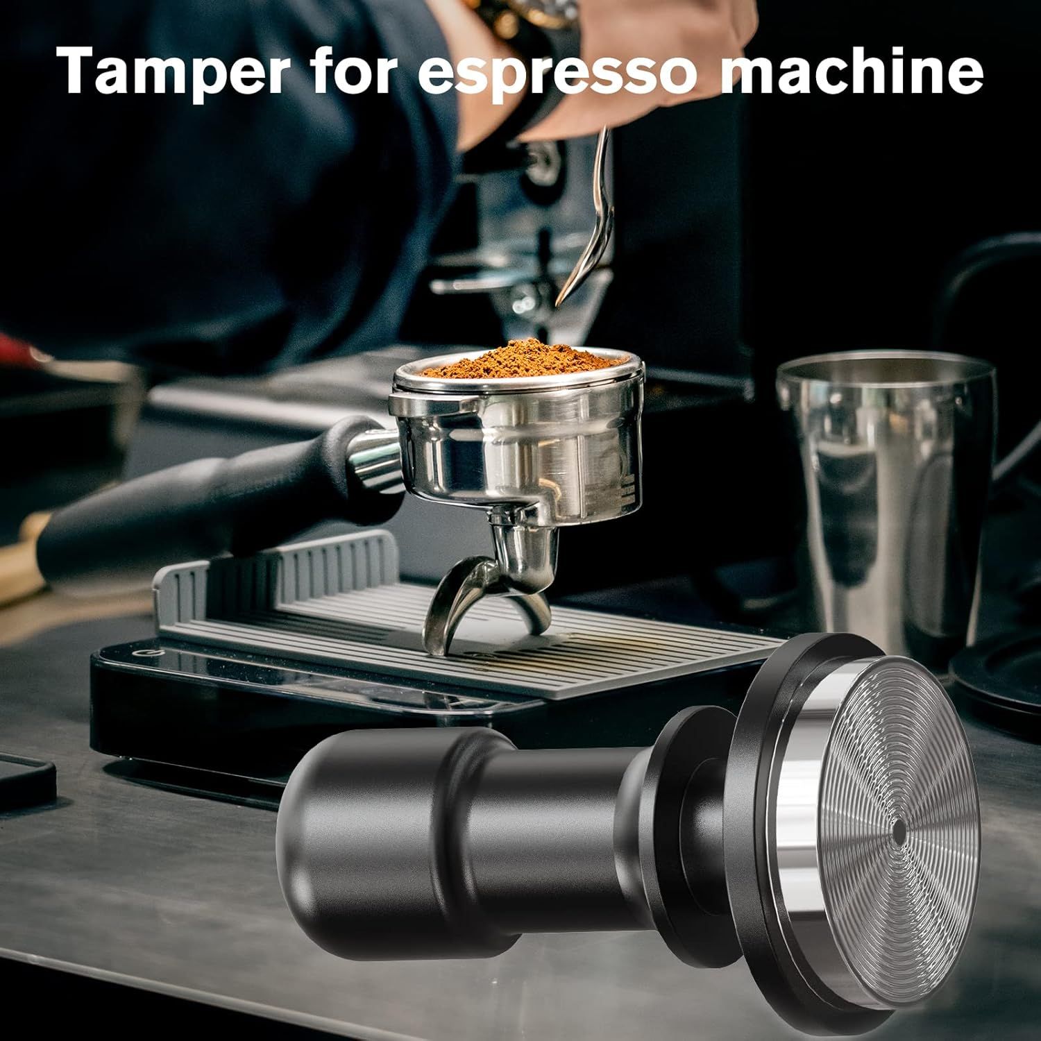 Shows the tamper in a real-world coffee preparation setting to help shoppers visualize the product in use.