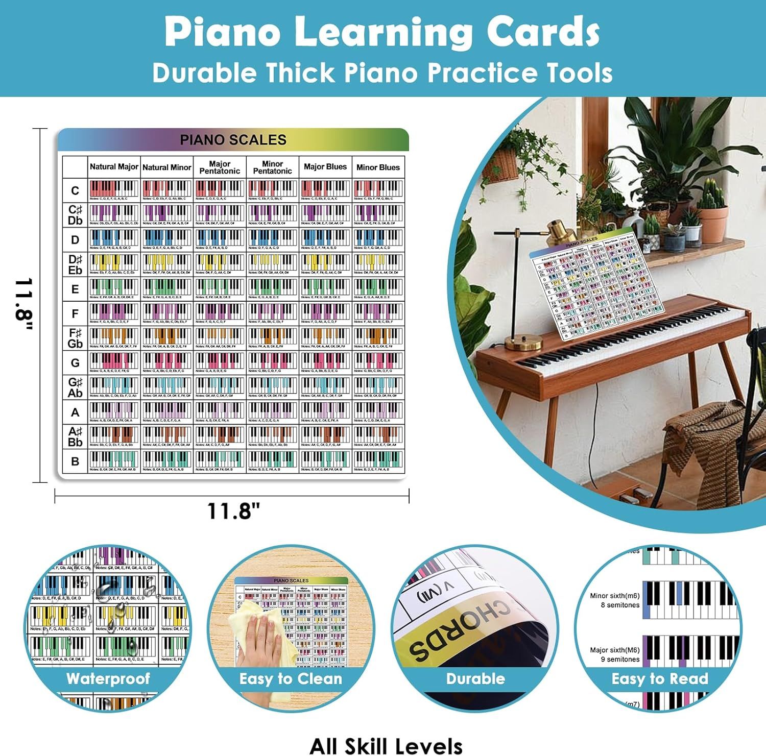 Highlights multiple product benefits in a segmented layout to reassure shoppers that the piano learning cards are durable, waterproof, easy to clean, and easy to read.