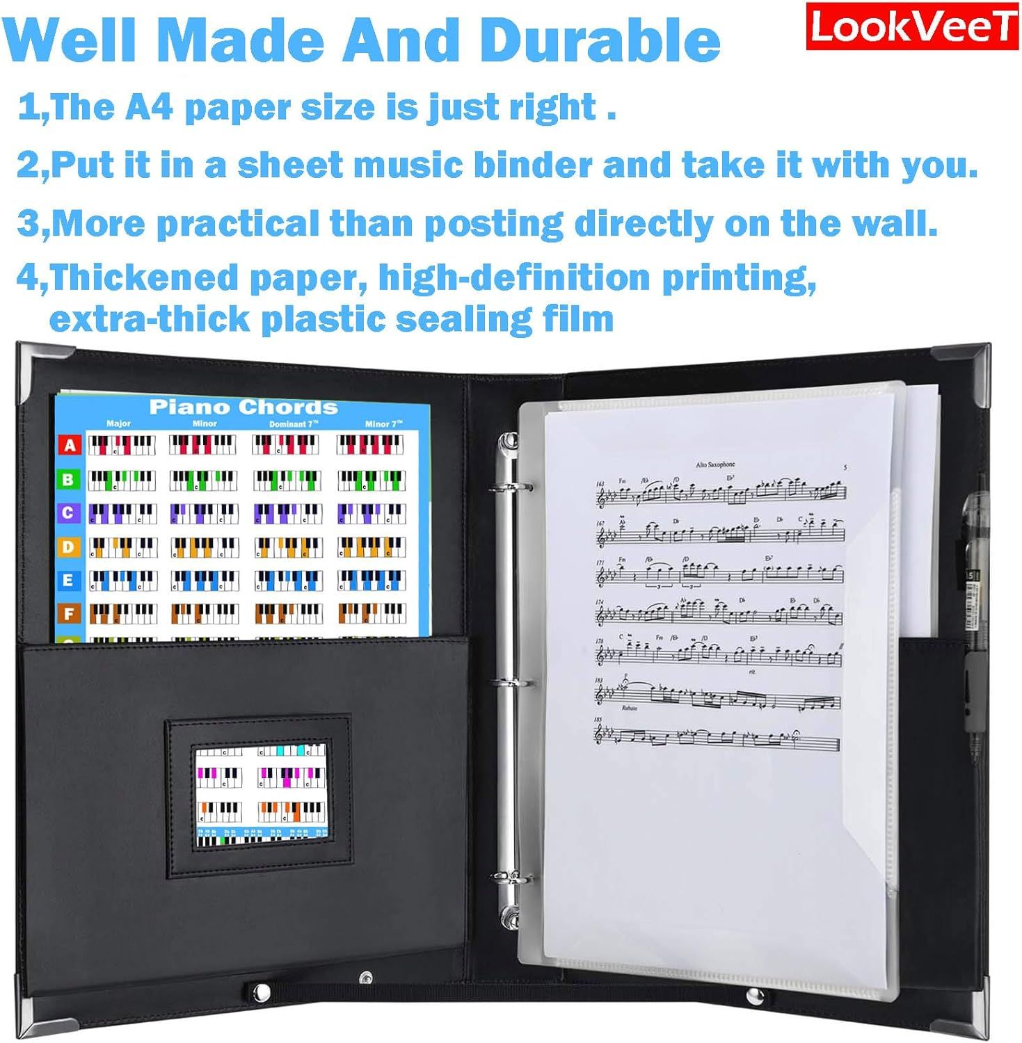 Highlights multiple benefits: the A4 size is convenient, it fits in a music binder for portability, it's more practical than wall mounting, and it features thickened paper with high-definition…