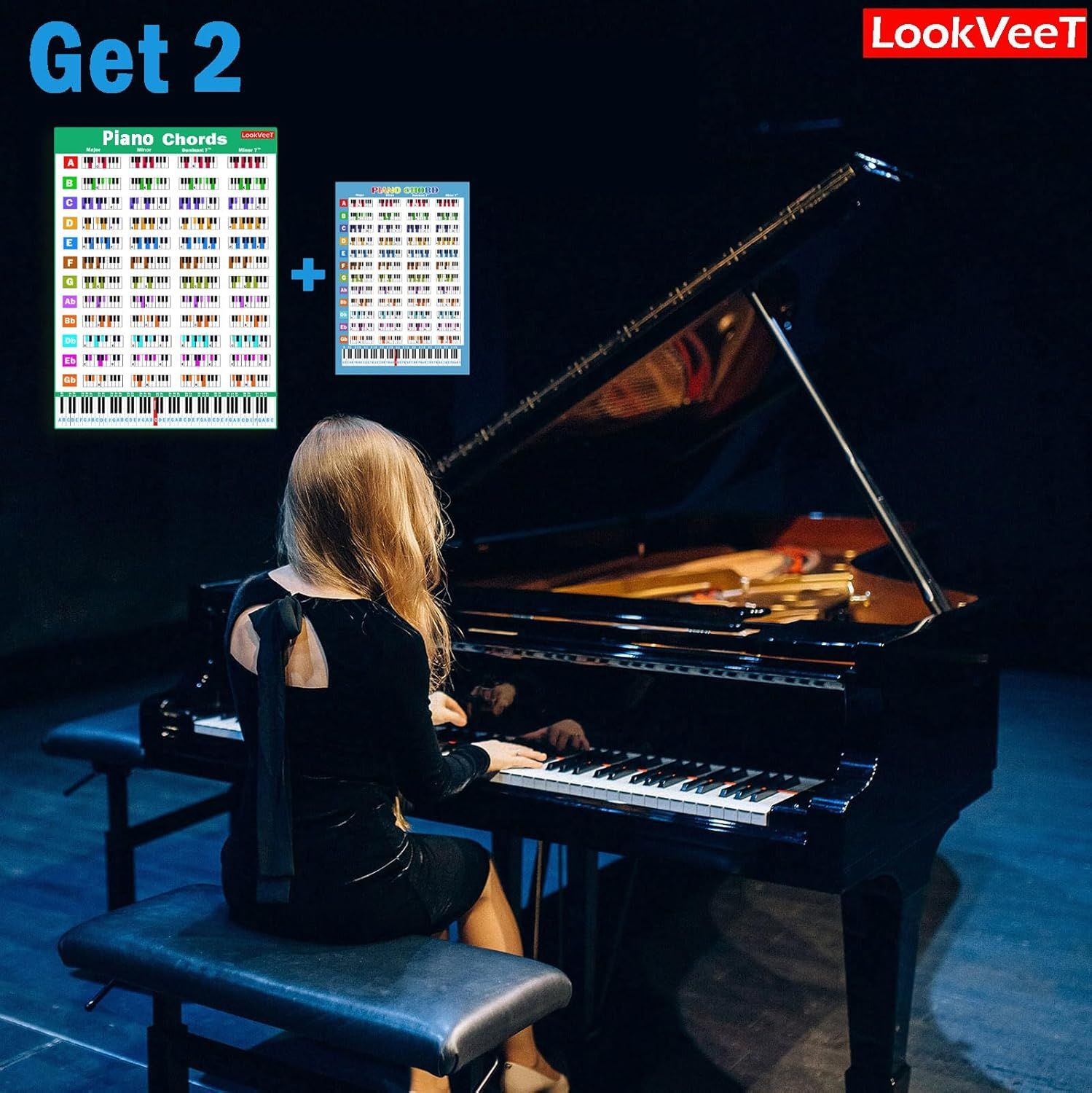 Shows the product in a real-world context with a pianist performing at a grand piano, demonstrating the practical use of the chord posters during practice or performance.