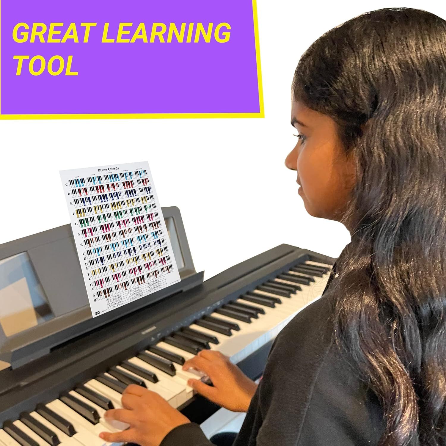 Shows the product in use during a real piano practice session, helping shoppers visualize how the chart supports learning in an authentic home setting. Demonstrates the product as an effective…