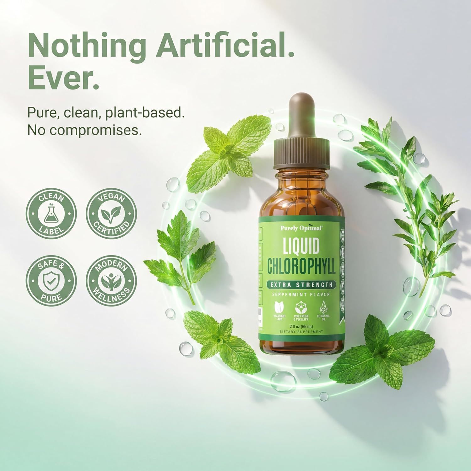 Reassures shoppers that the product is pure, plant-based, vegan, and free from artificial ingredients, highlighting multiple safety and quality certifications. Communicates multiple quality and…