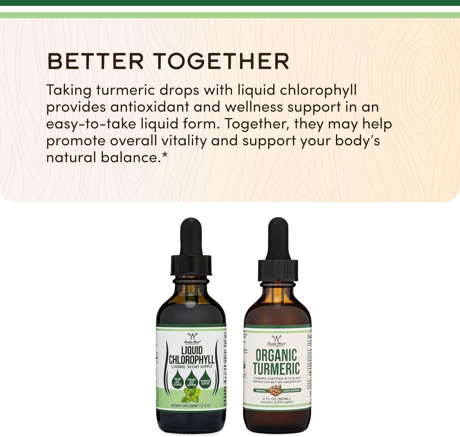 Suggests pairing liquid chlorophyll with turmeric drops for enhanced antioxidant and wellness support, promoting overall vitality.