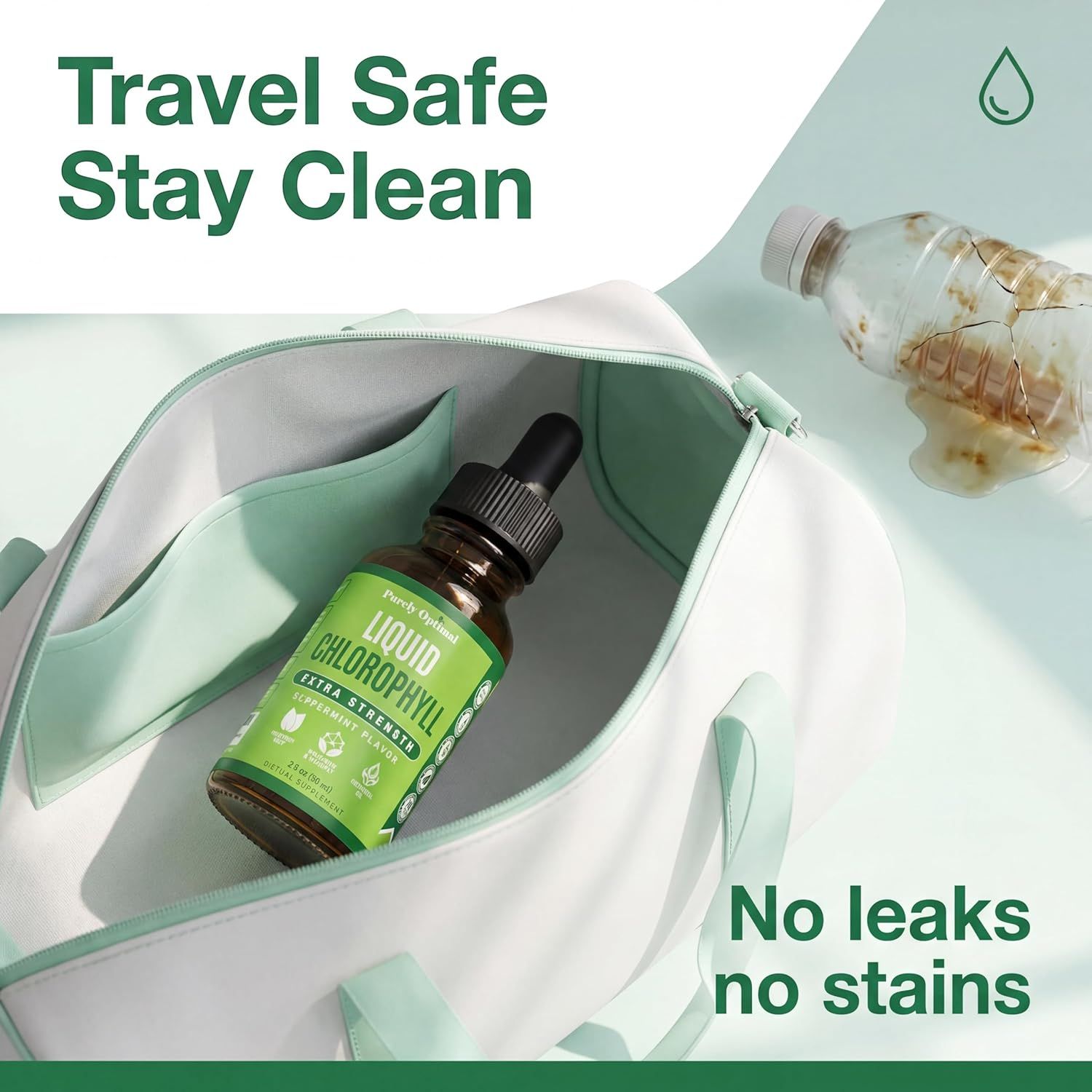 Highlights the product's leak-proof design and travel-friendly packaging, reassuring shoppers it's safe and clean for on-the-go use.