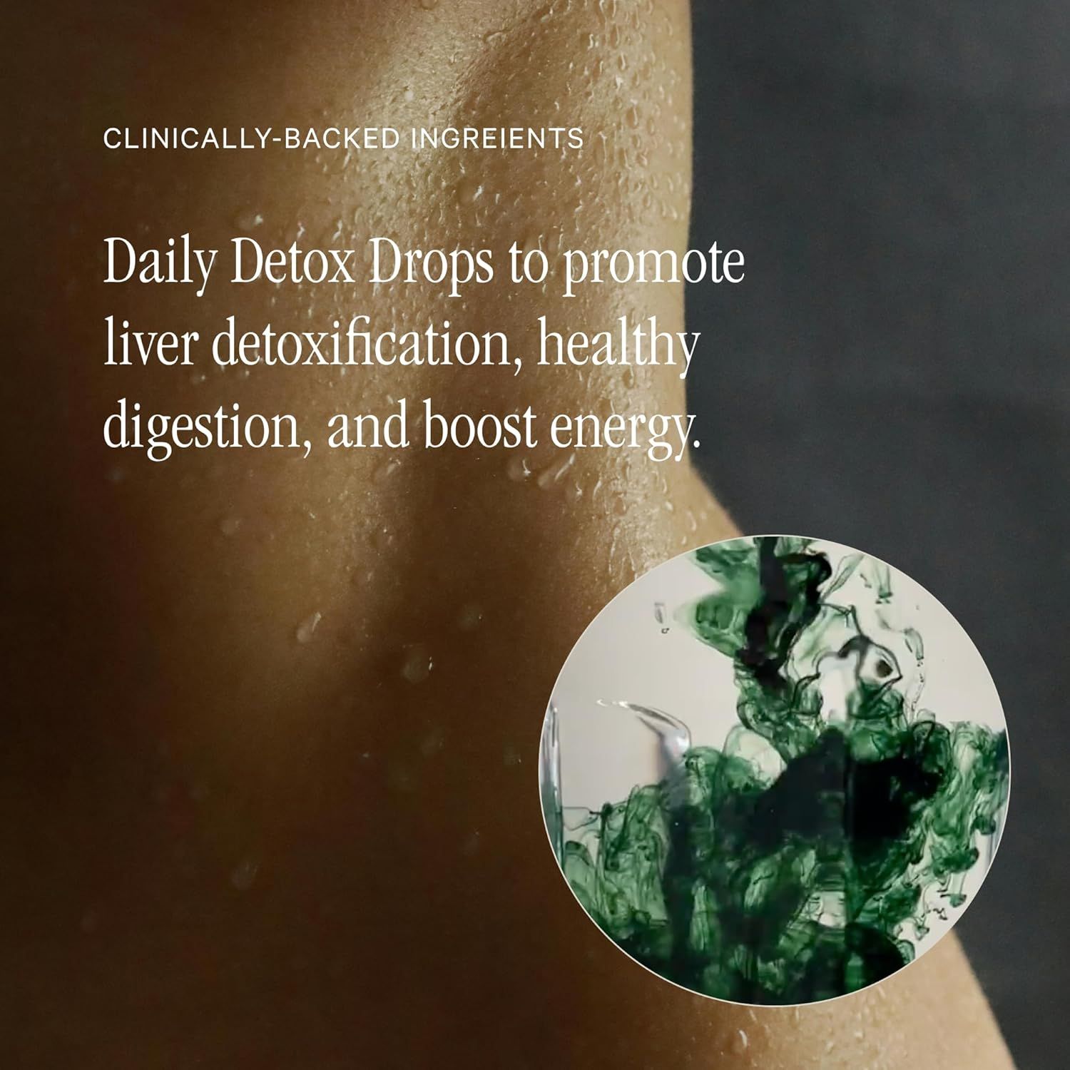 Communicates the core benefits of the detox drops, emphasizing clinical backing and multiple health benefits in one continuous visual scene.