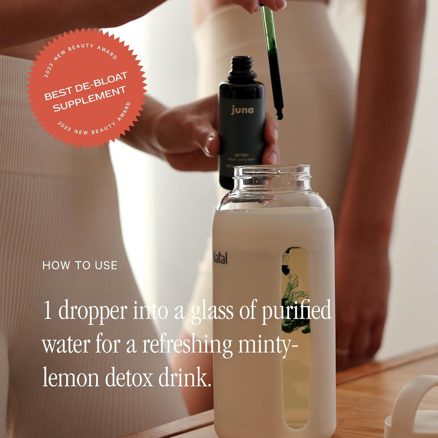 Shows the shopper exactly how to use the product by adding one dropper to water, making the product approachable and simple to incorporate into daily routine. Builds credibility and trust by…