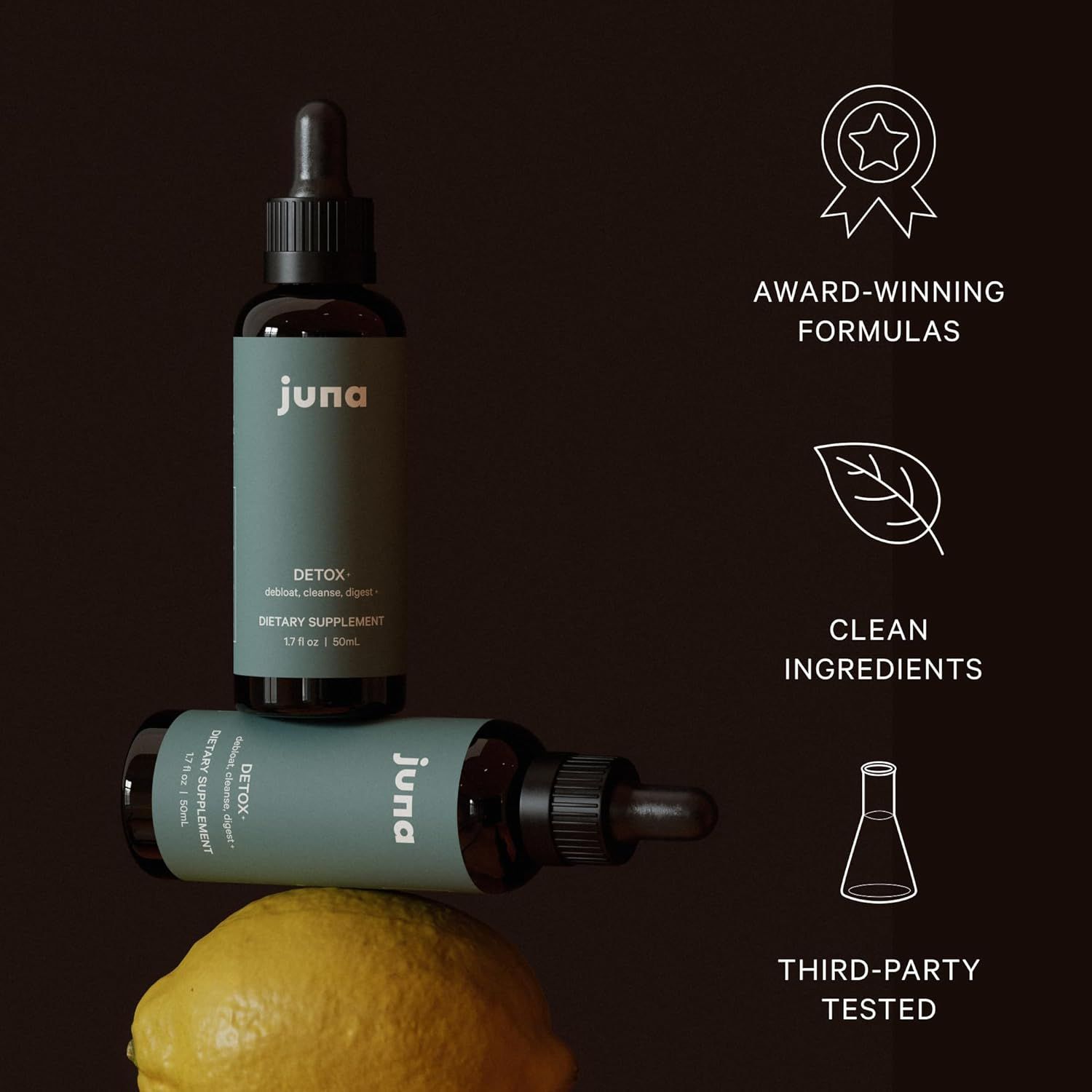 Communicates three distinct quality and credibility claims through visually segmented icons and text, reassuring shoppers about product quality and safety.