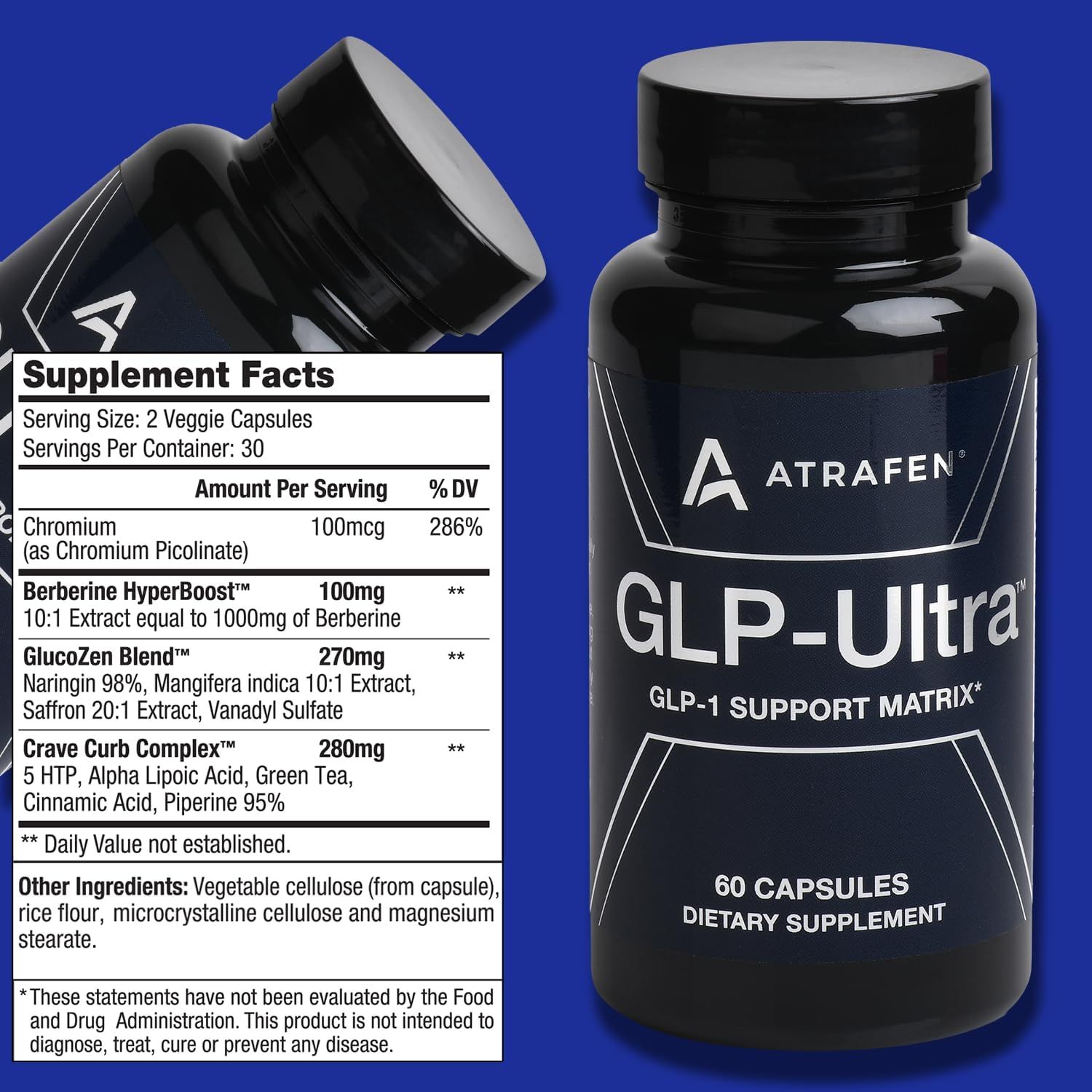 Displays the supplement facts label to inform shoppers of the ingredients, dosages, and serving information included in the product.