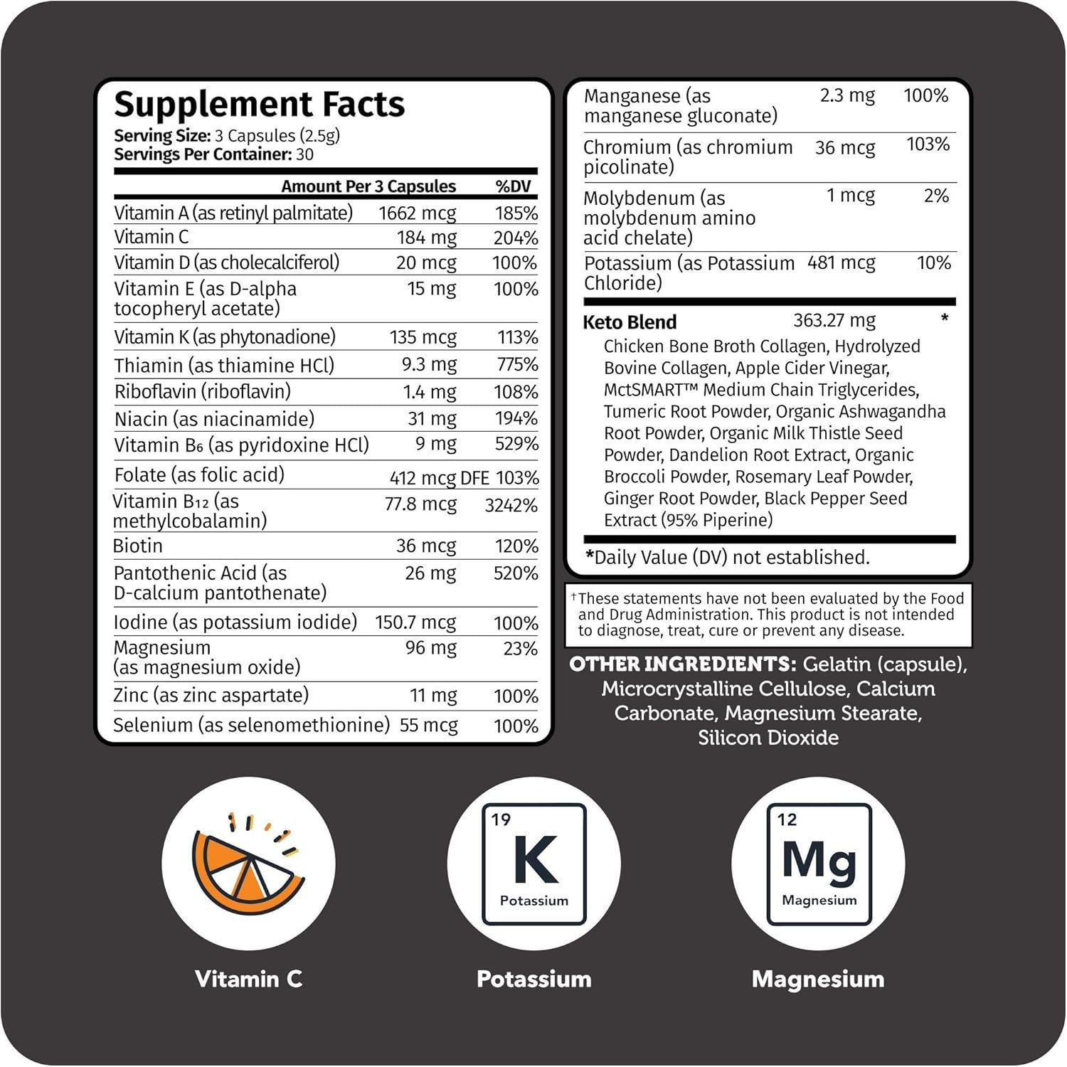 Provides detailed nutritional information and highlights key ingredients like Vitamin C, Potassium, and Magnesium to inform shoppers of the comprehensive formula and dosages.