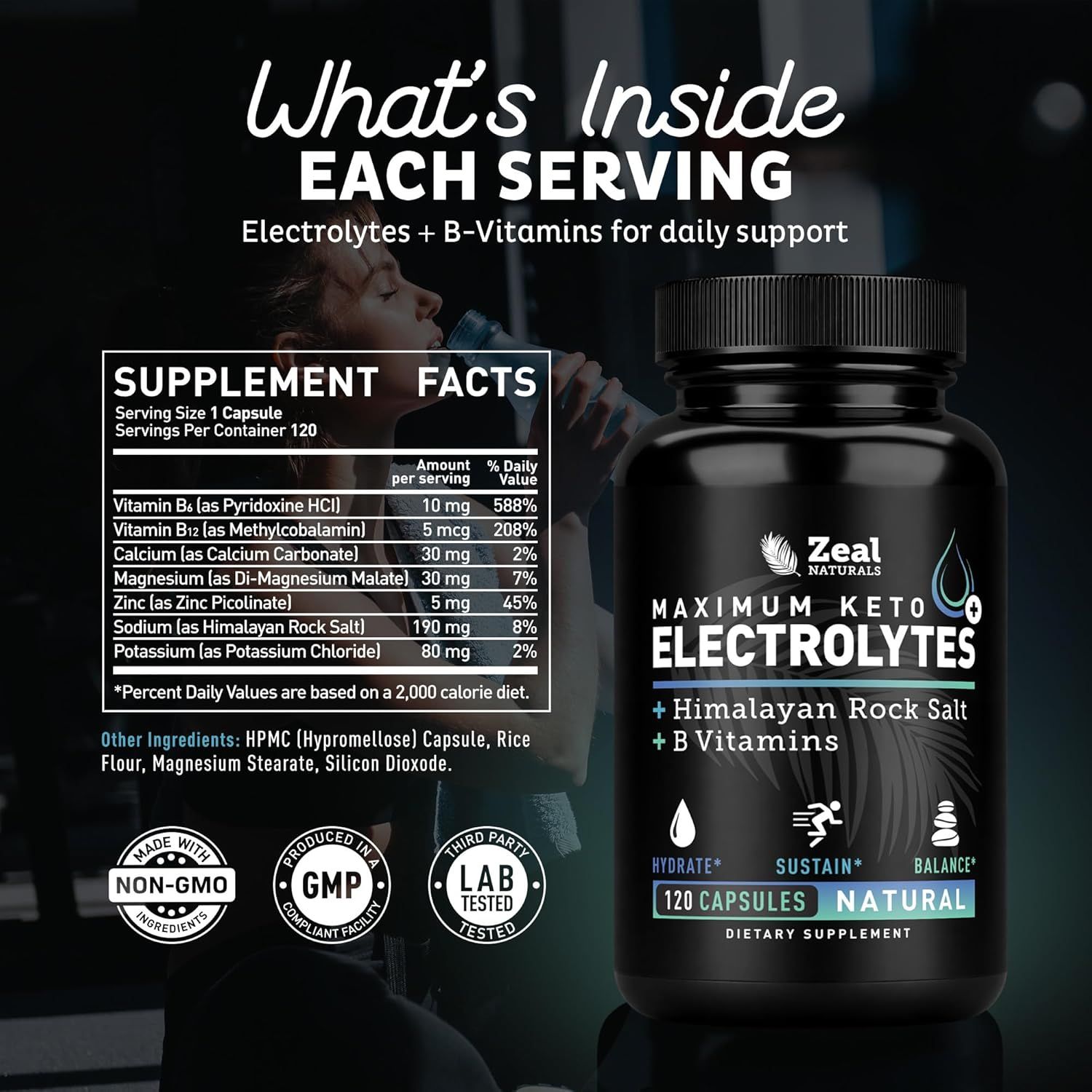 Shows the detailed supplement facts panel and what ingredients are included in each serving, along with quality certifications to reassure shoppers about product contents and safety.