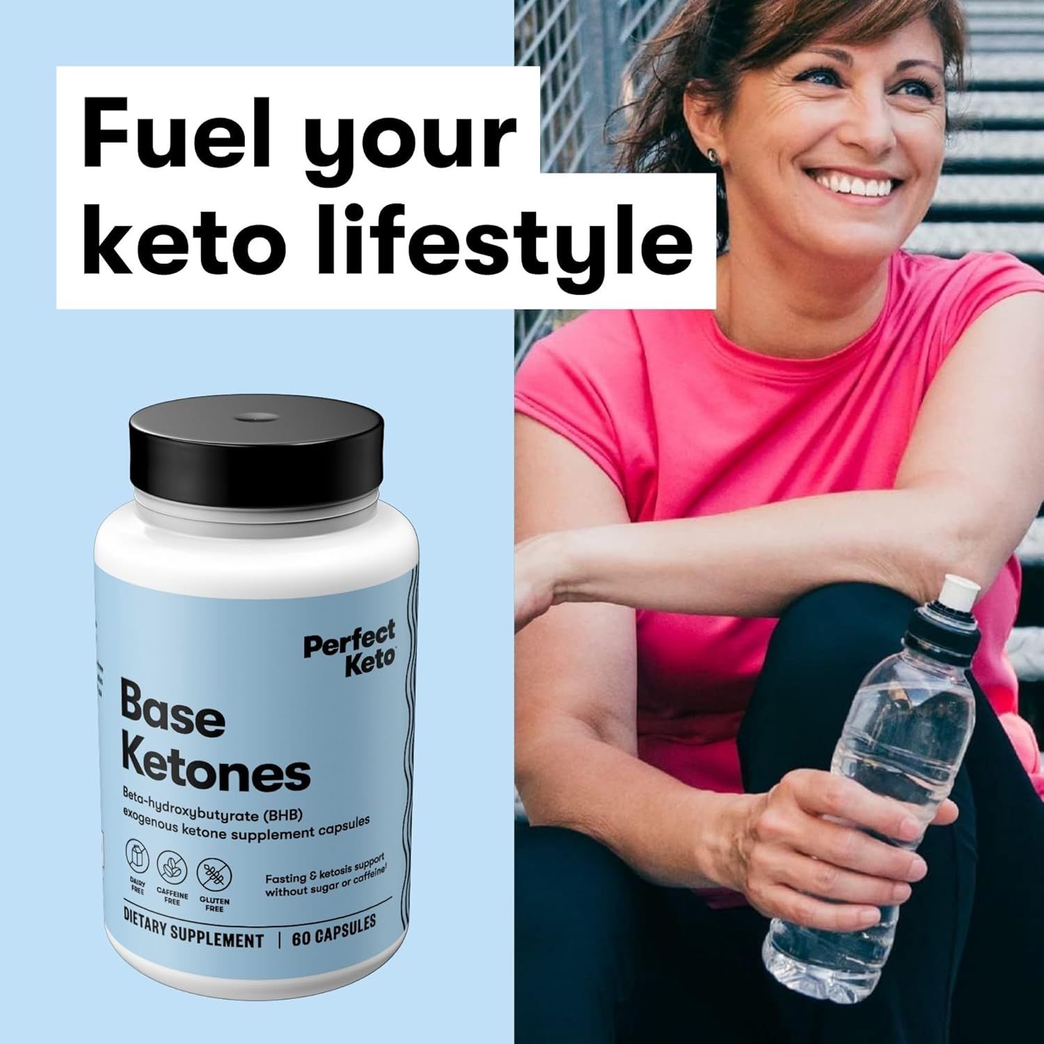Communicates that the product supports a keto lifestyle by showing it in a real-world fitness context with a clear, simple headline.