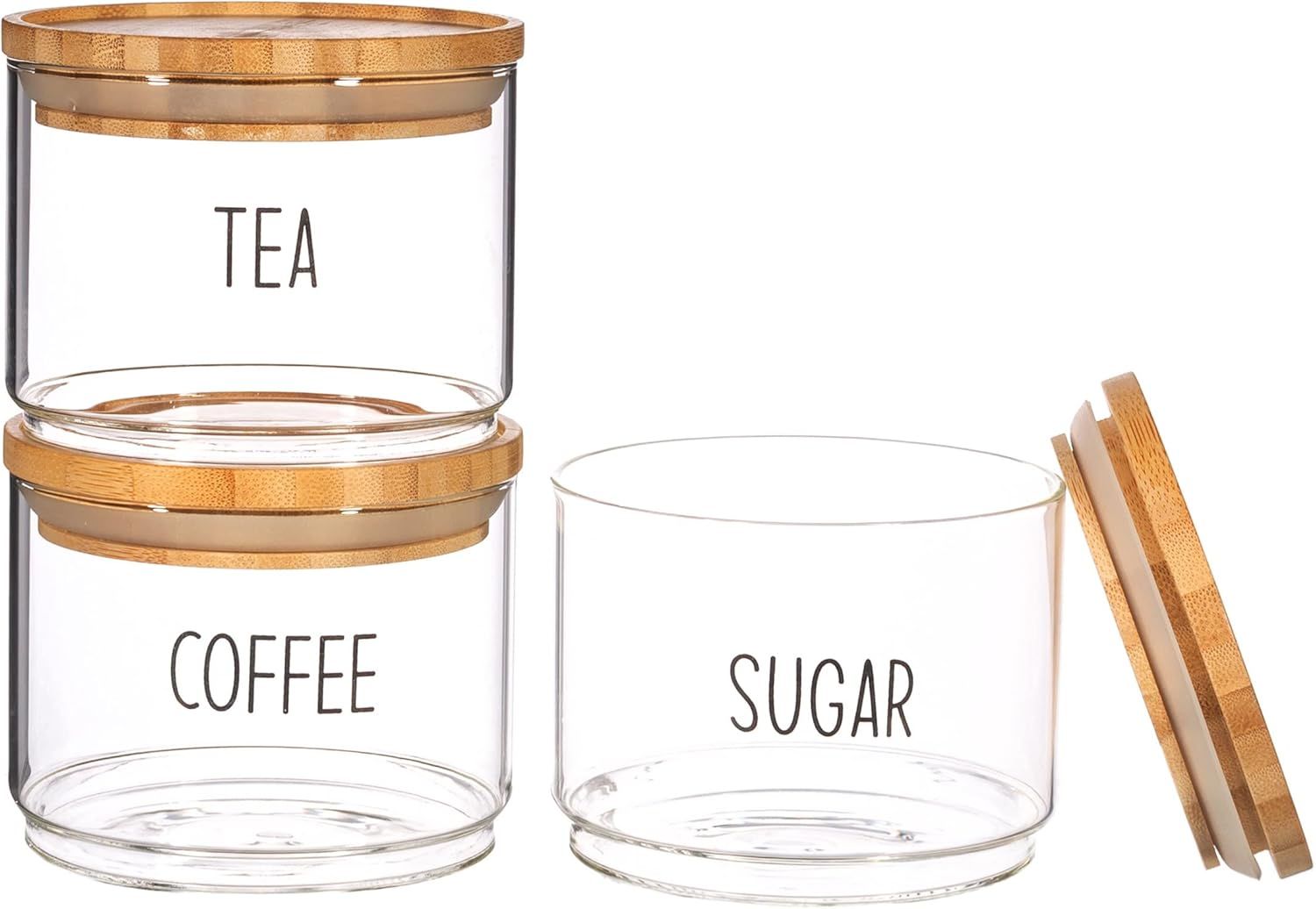 Displays all components included in the purchase: three labeled glass containers with bamboo lids for tea, coffee, and sugar, showing the full set the customer will receive.
