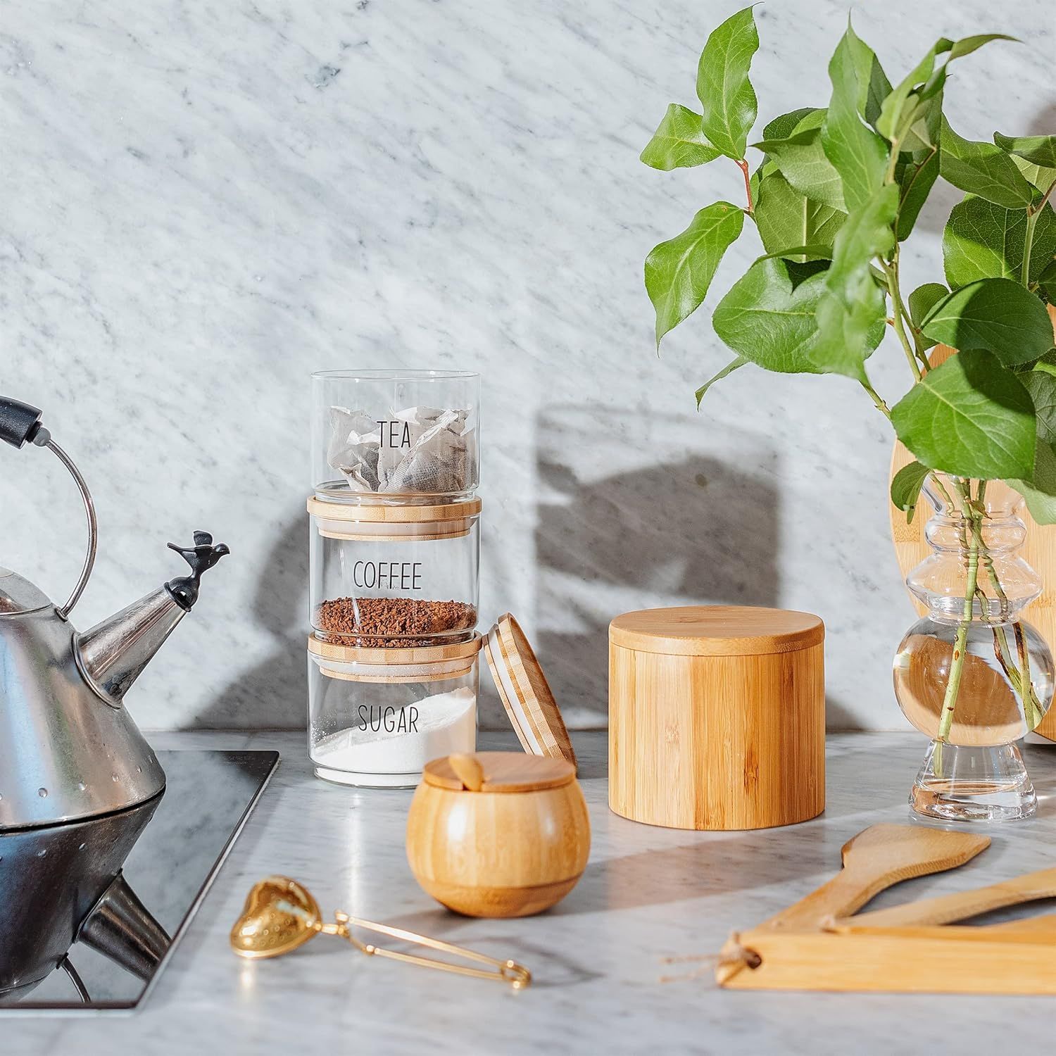 Shows the product in a real kitchen environment to help shoppers visualize how the containers will look and fit in their own home.
