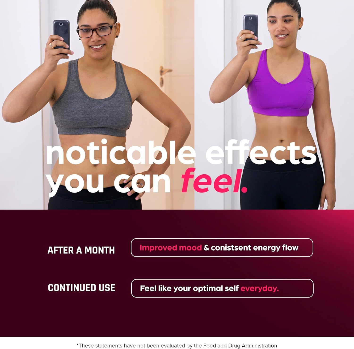 Demonstrates the tangible results customers can expect over time through a before and after visual paired with benefit callouts to show both physical and emotional improvements.