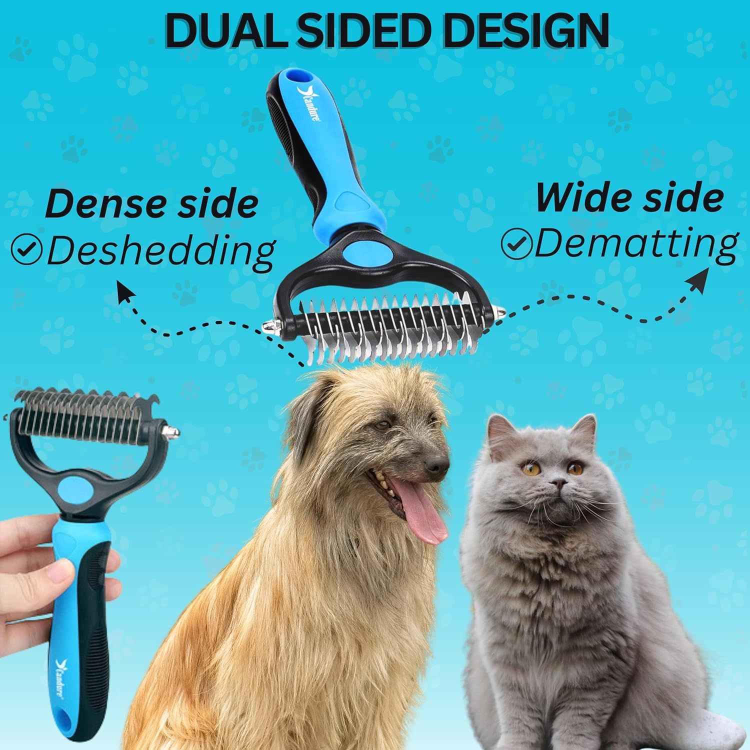 Highlights the physical structure and dual-sided functionality of the grooming tool, showing how each side serves a different grooming purpose for pets.