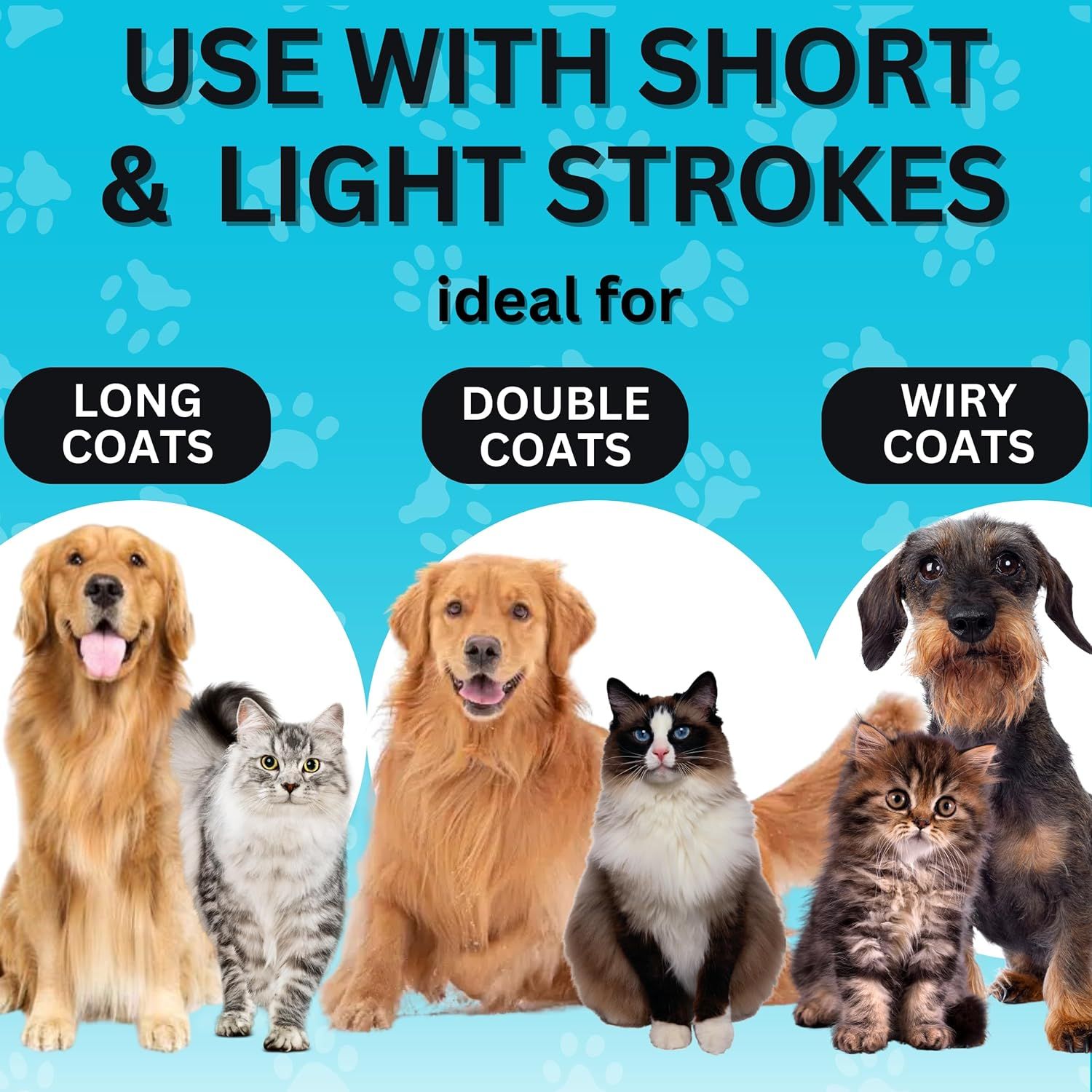 Shows the product is versatile and ideal for multiple coat types across different pets, reassuring shoppers it works for their specific pet grooming needs.