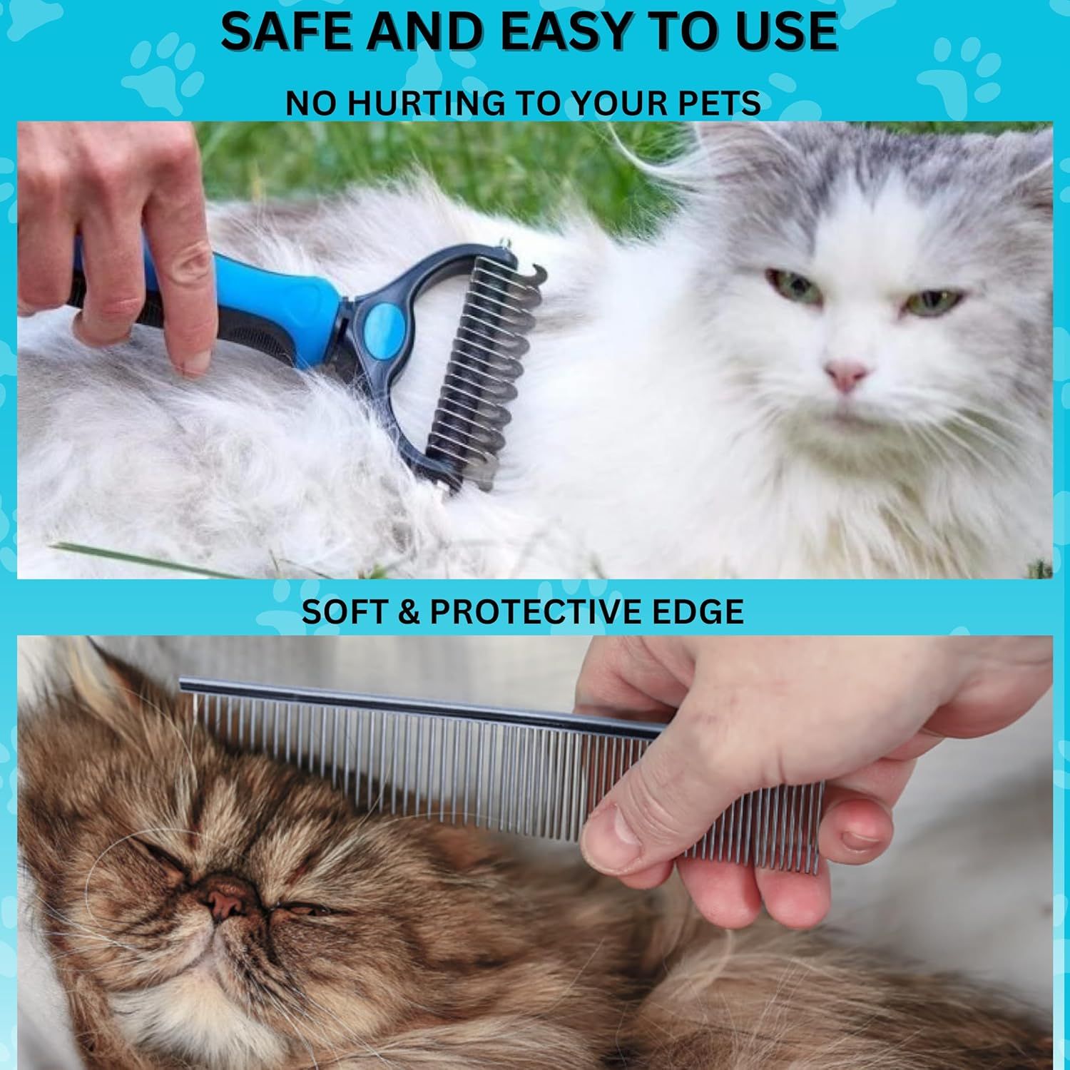 Highlights multiple safety and usability benefits in a segmented layout, reassuring pet owners that the tool is gentle and protective for their pets.