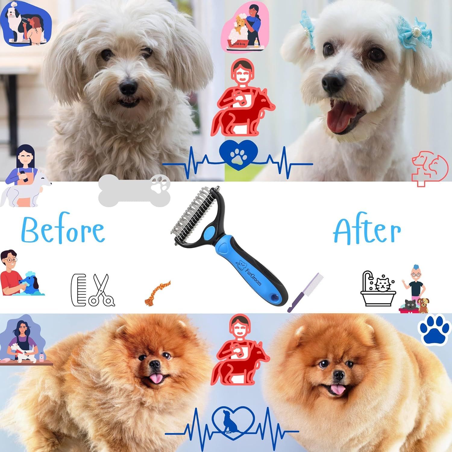 Demonstrates the visible grooming transformation achieved by using the product, showing dogs before and after grooming to prove effectiveness.