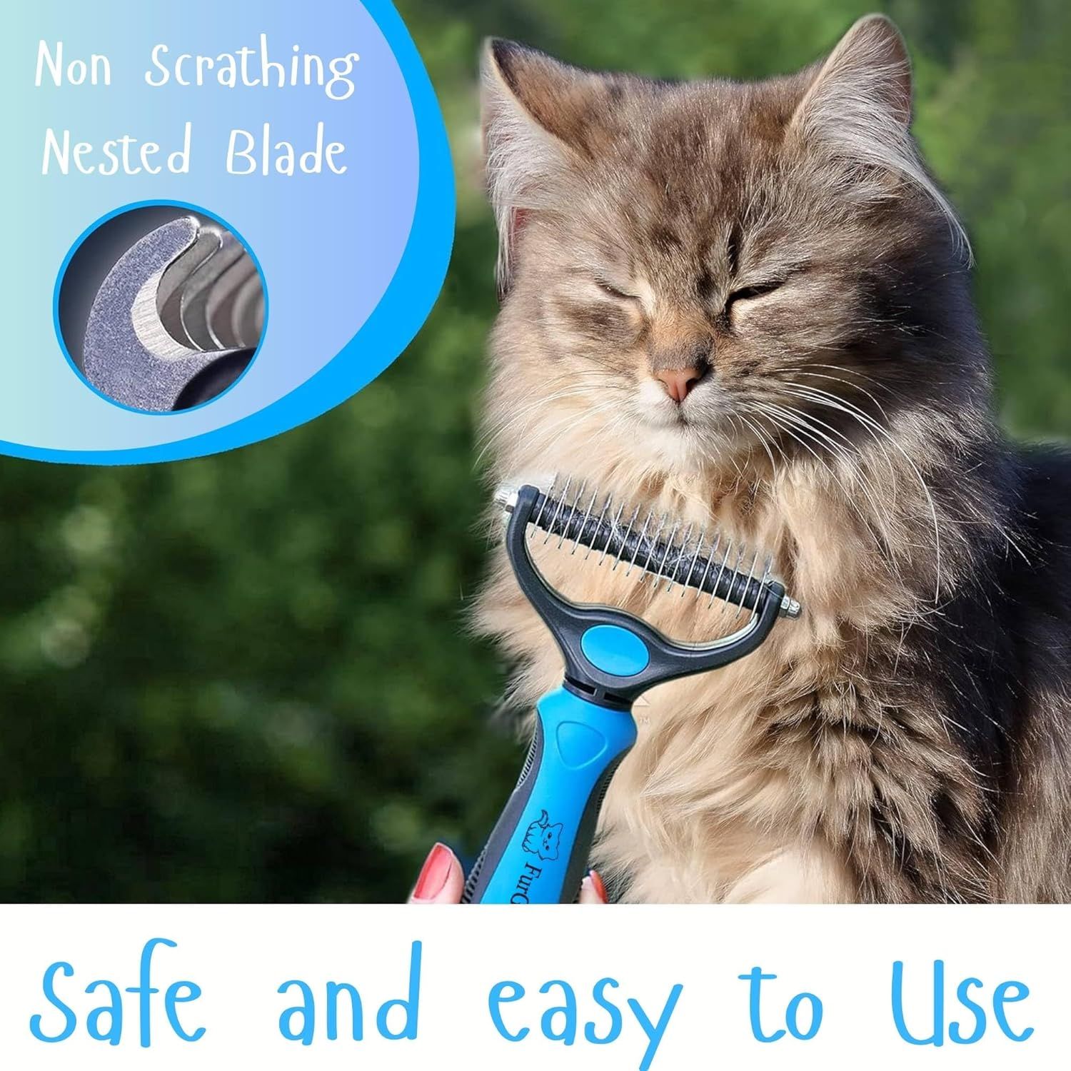 Highlights the safety feature of the non-scratching nested blade design to reassure pet owners that the grooming tool is gentle and safe for their pets. Emphasizes the product's safety feature with…