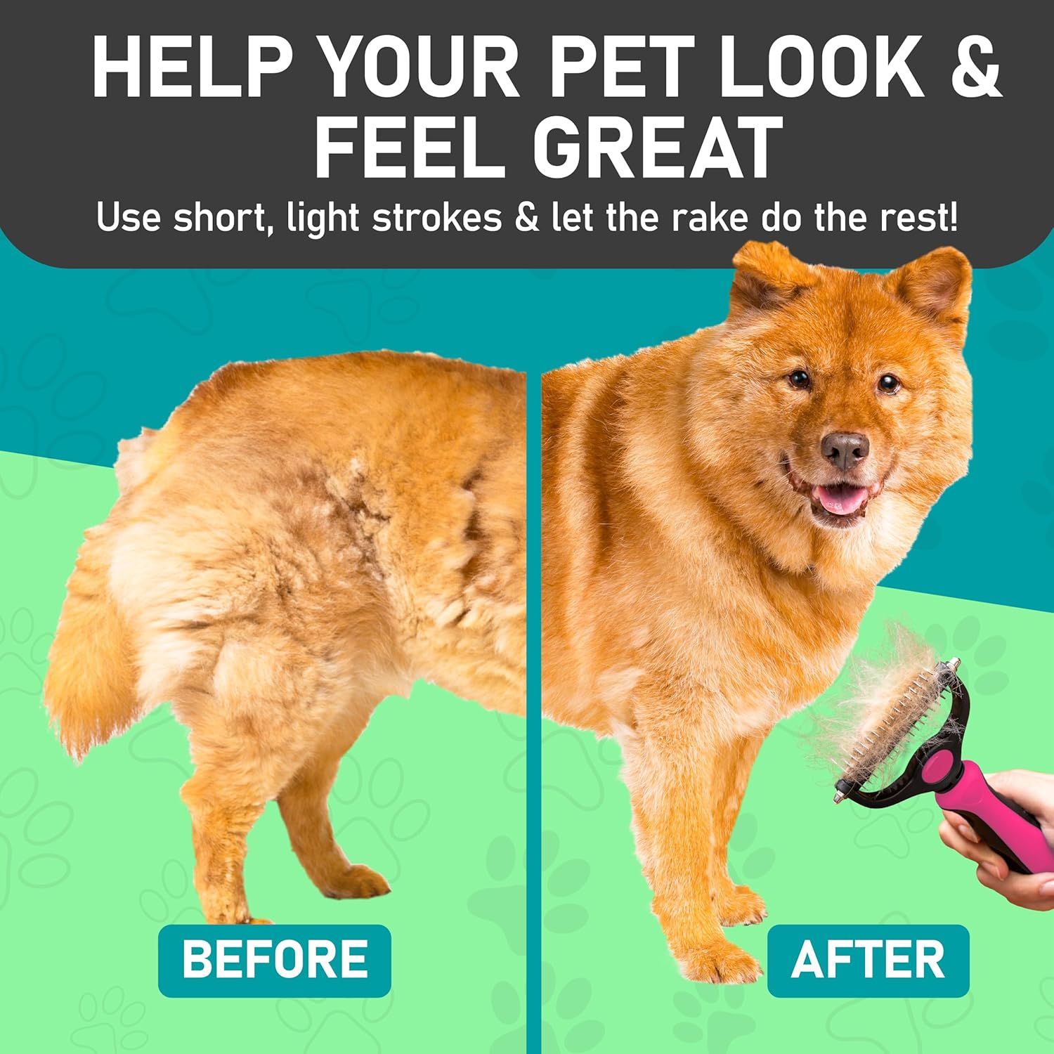 Visually demonstrates the effectiveness of the product by showing a clear before-and-after transformation of a pet's coat.