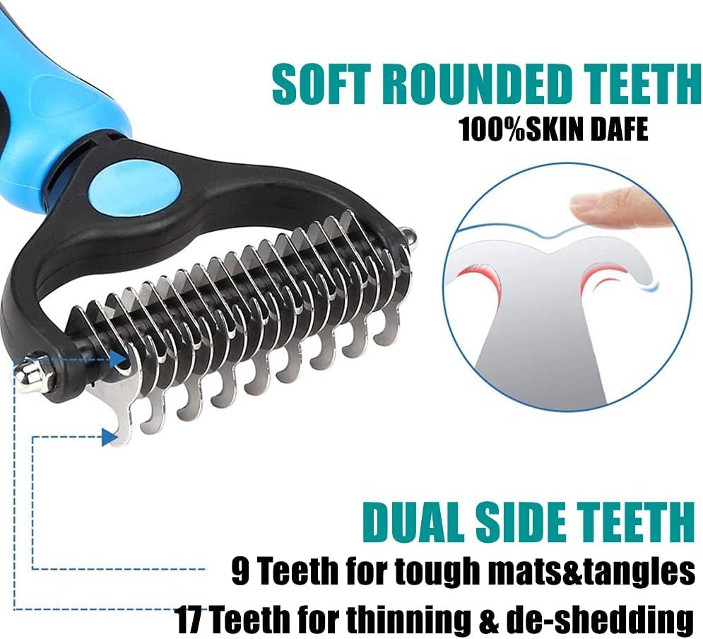 Breaks down the physical structure of the grooming tool by highlighting its dual-sided teeth configuration and soft rounded design to reassure shoppers about pet safety and effectiveness. Showcases…
