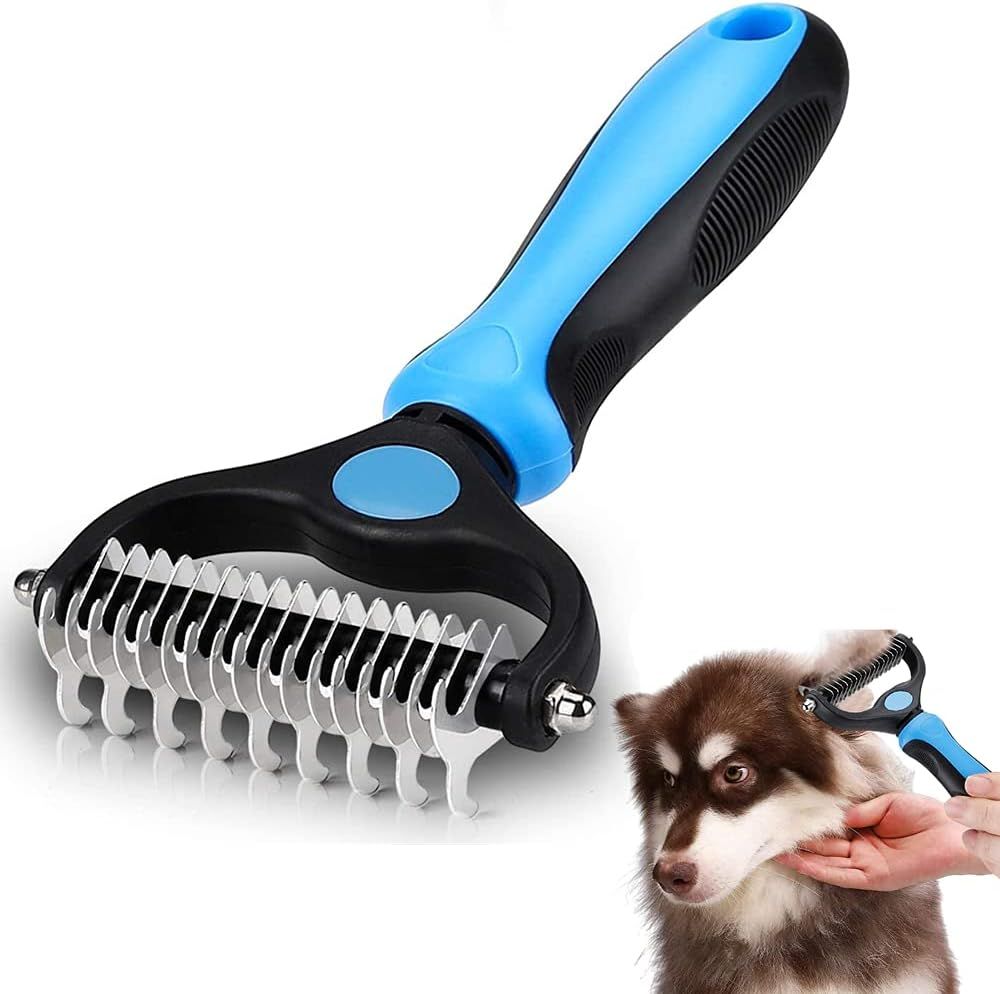 Presents a clean, simple visual showing the product in use with a puppy to communicate ease of use and gentle grooming as the primary benefit.