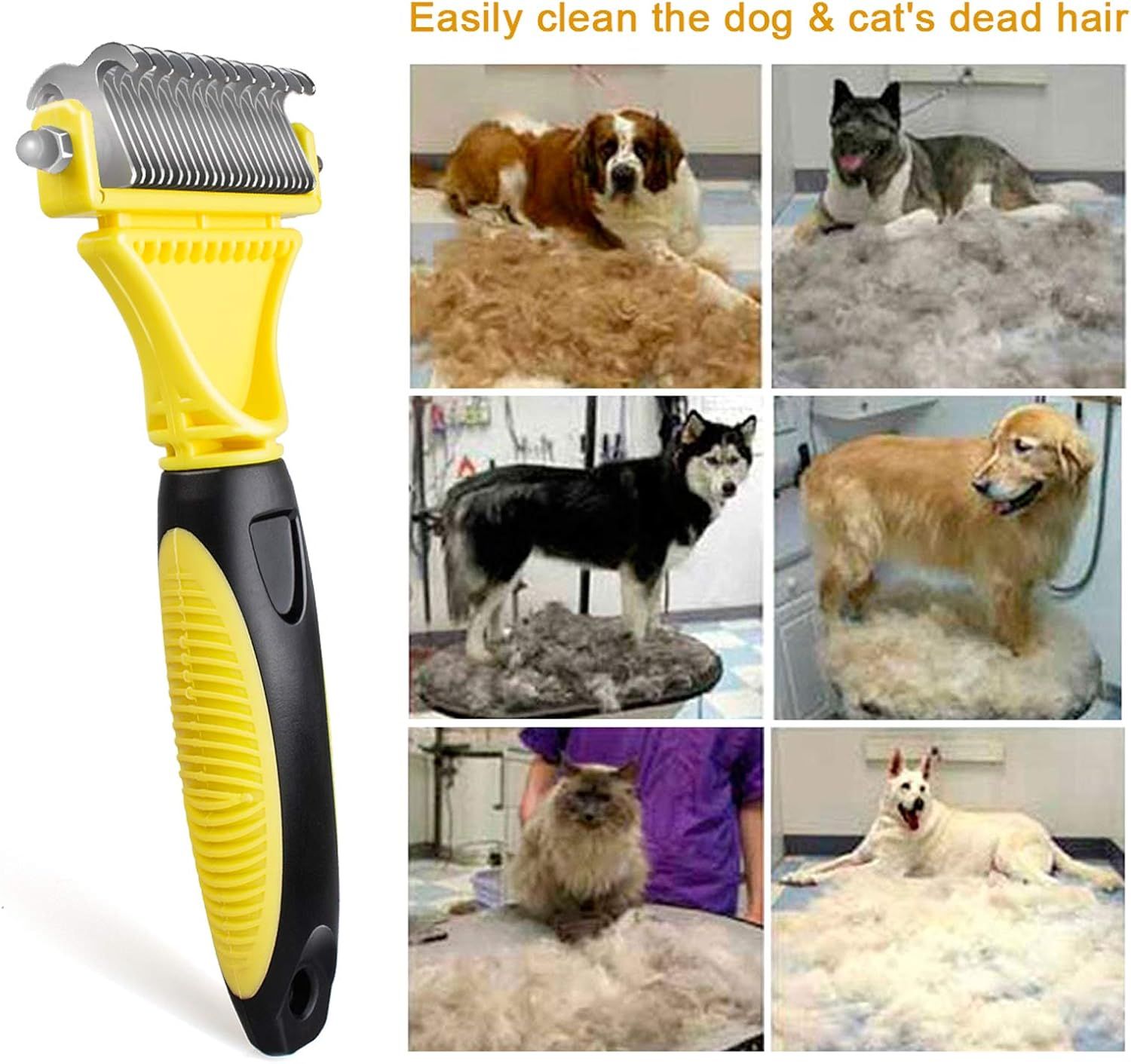 Demonstrates the effectiveness of the grooming tool by showing the dramatic amount of dead hair removed from dogs and cats during use.