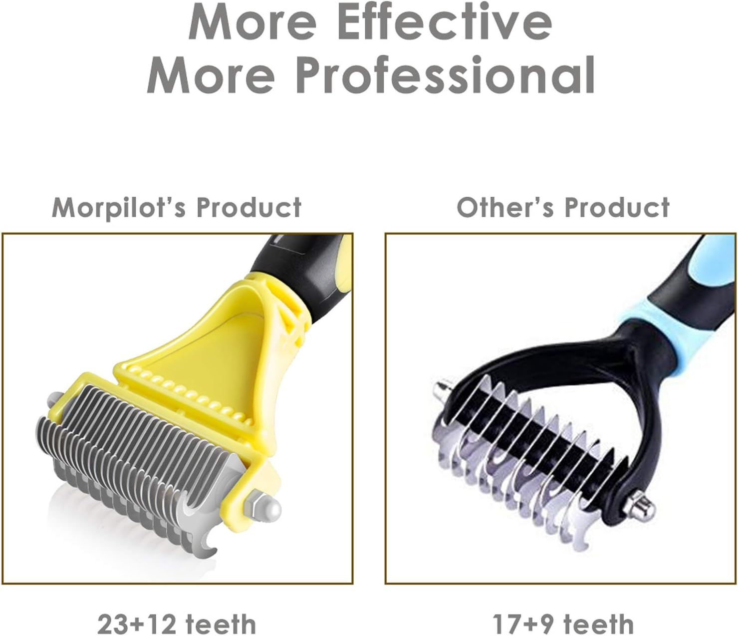 Compares the product directly with a competitor to show superiority through a higher tooth count, positioning it as more effective and professional.