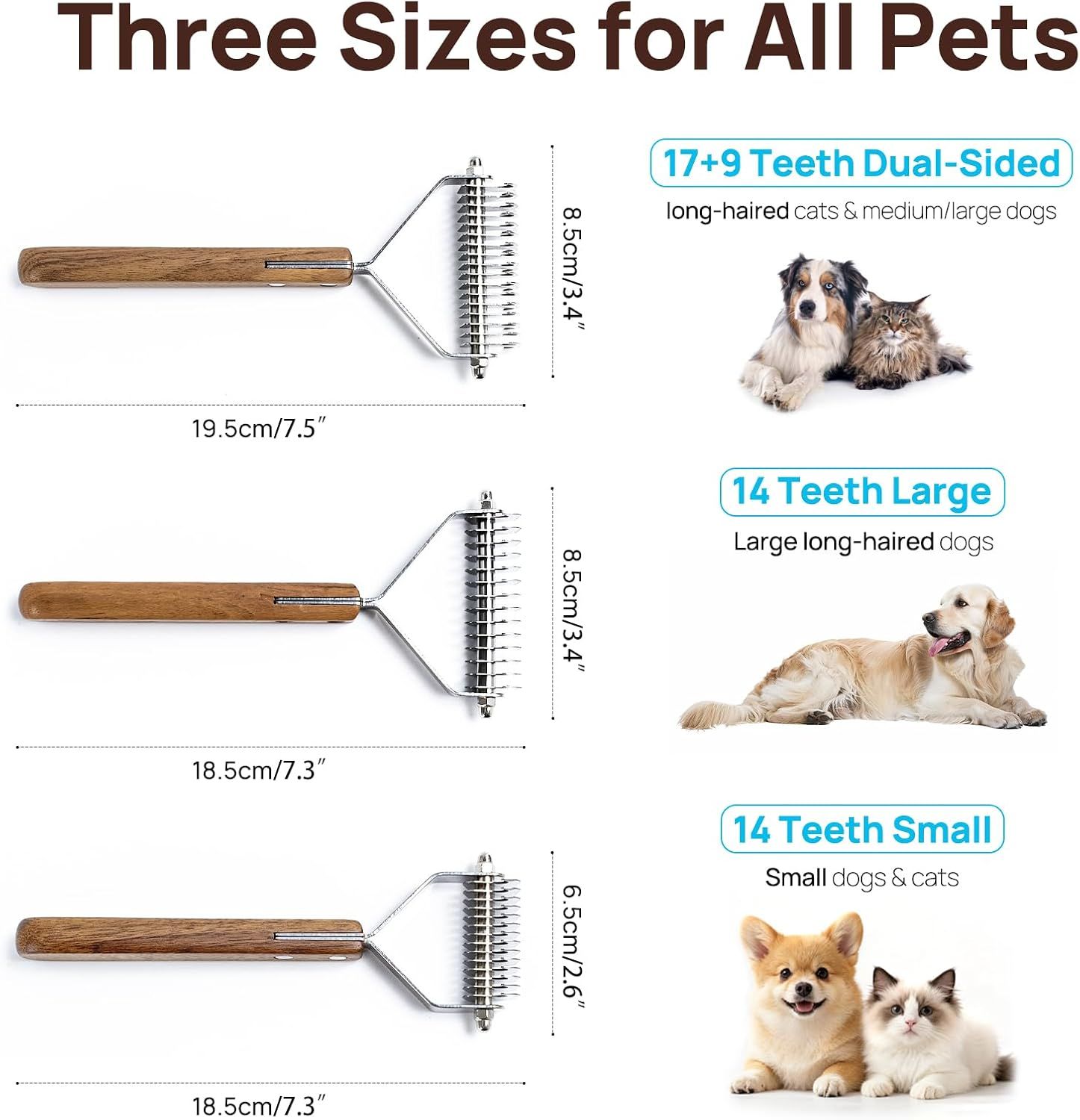Shows which pet types and sizes each product variant is compatible with, helping shoppers choose the right size for their specific pet. Provides exact physical dimensions for each product size…