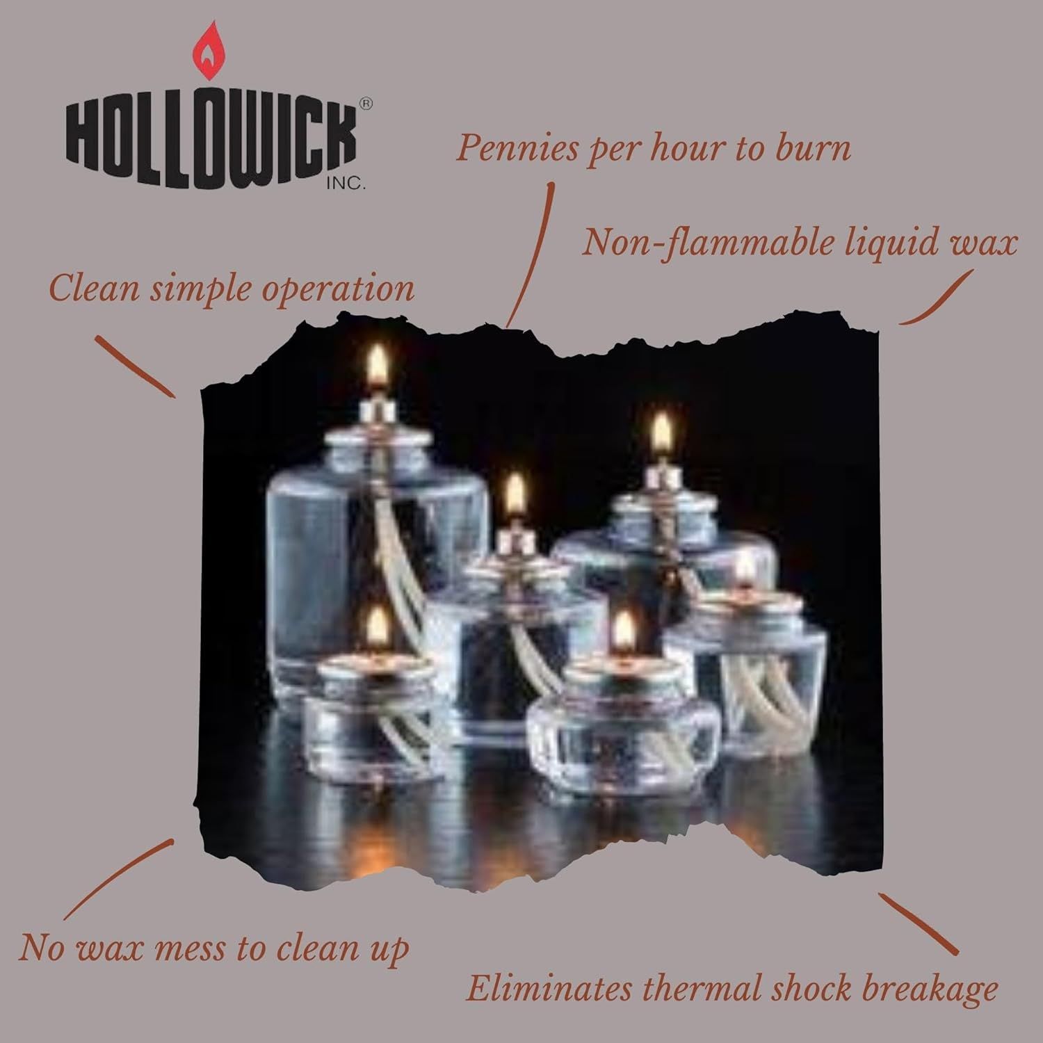 Showcases multiple distinct benefits of the liquid candles including ease of use, safety, cost-effectiveness, and durability to persuade shoppers of the product's value.