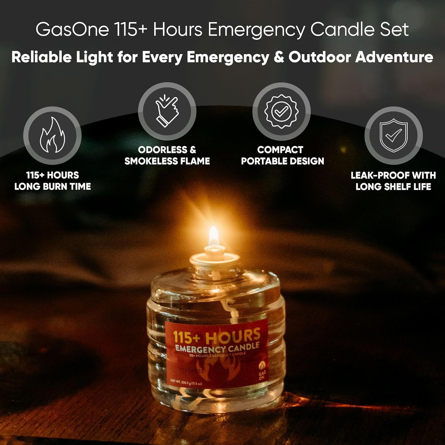 Showcases four distinct benefits of the emergency candle in a segmented icon layout to communicate reliability, safety, portability, and durability for emergency and outdoor use.