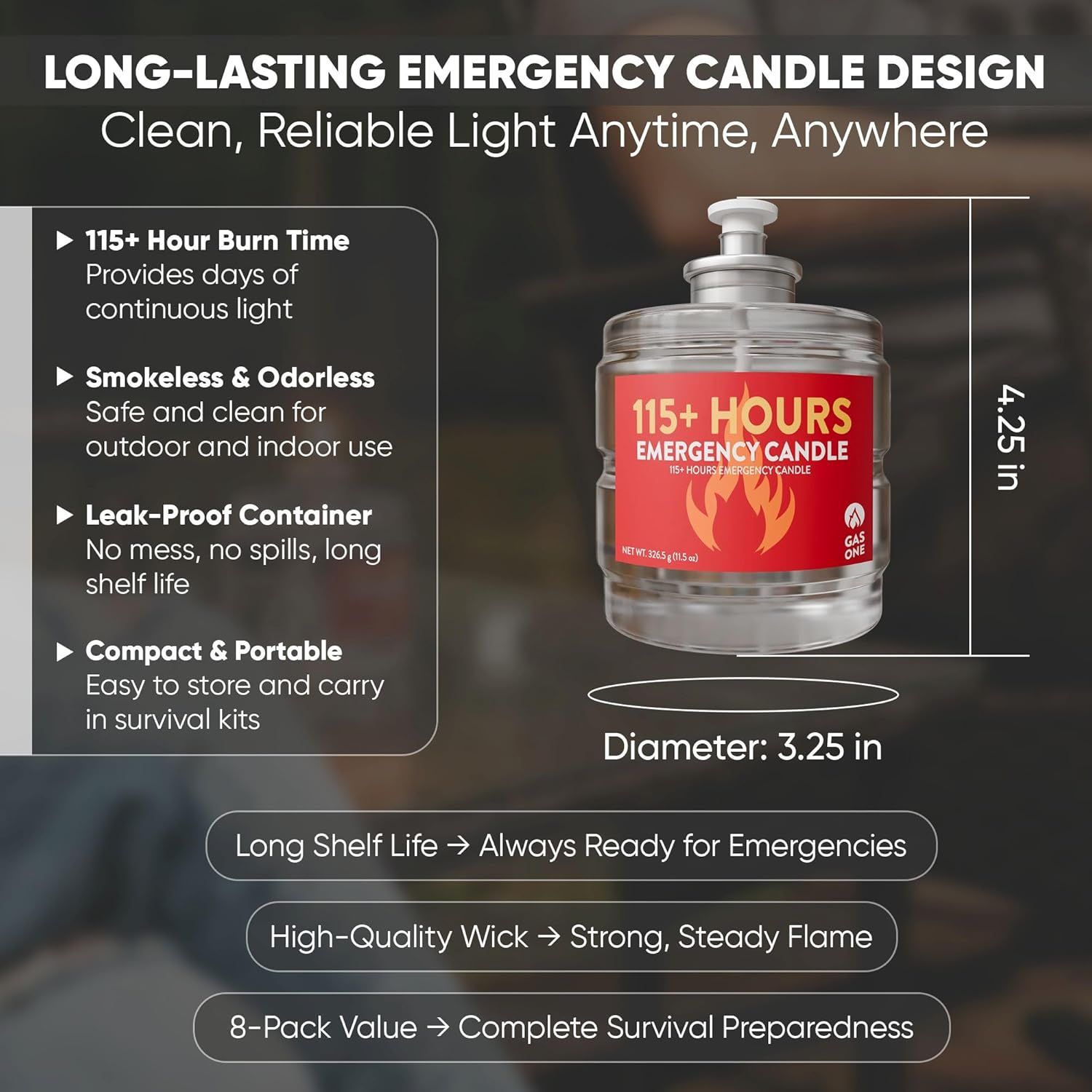 Presents multiple distinct benefits in a segmented layout combining a bulleted list and horizontal callout bars to communicate the candle's comprehensive emergency preparedness features. Provides…