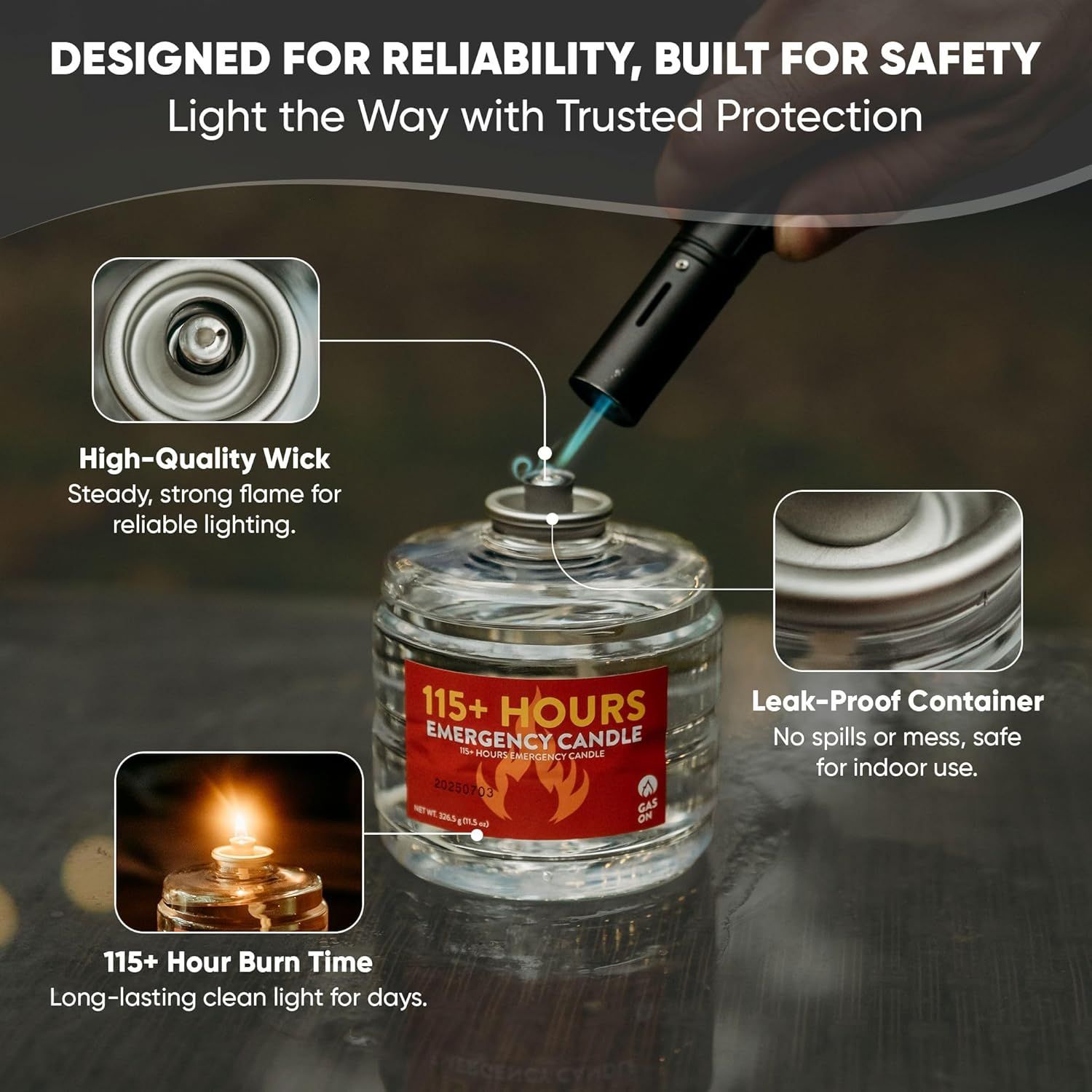 Breaks down the physical components of the emergency candle with zoom-in callouts pointing to specific parts to demonstrate the product's construction and safety features. Highlights three distinct…