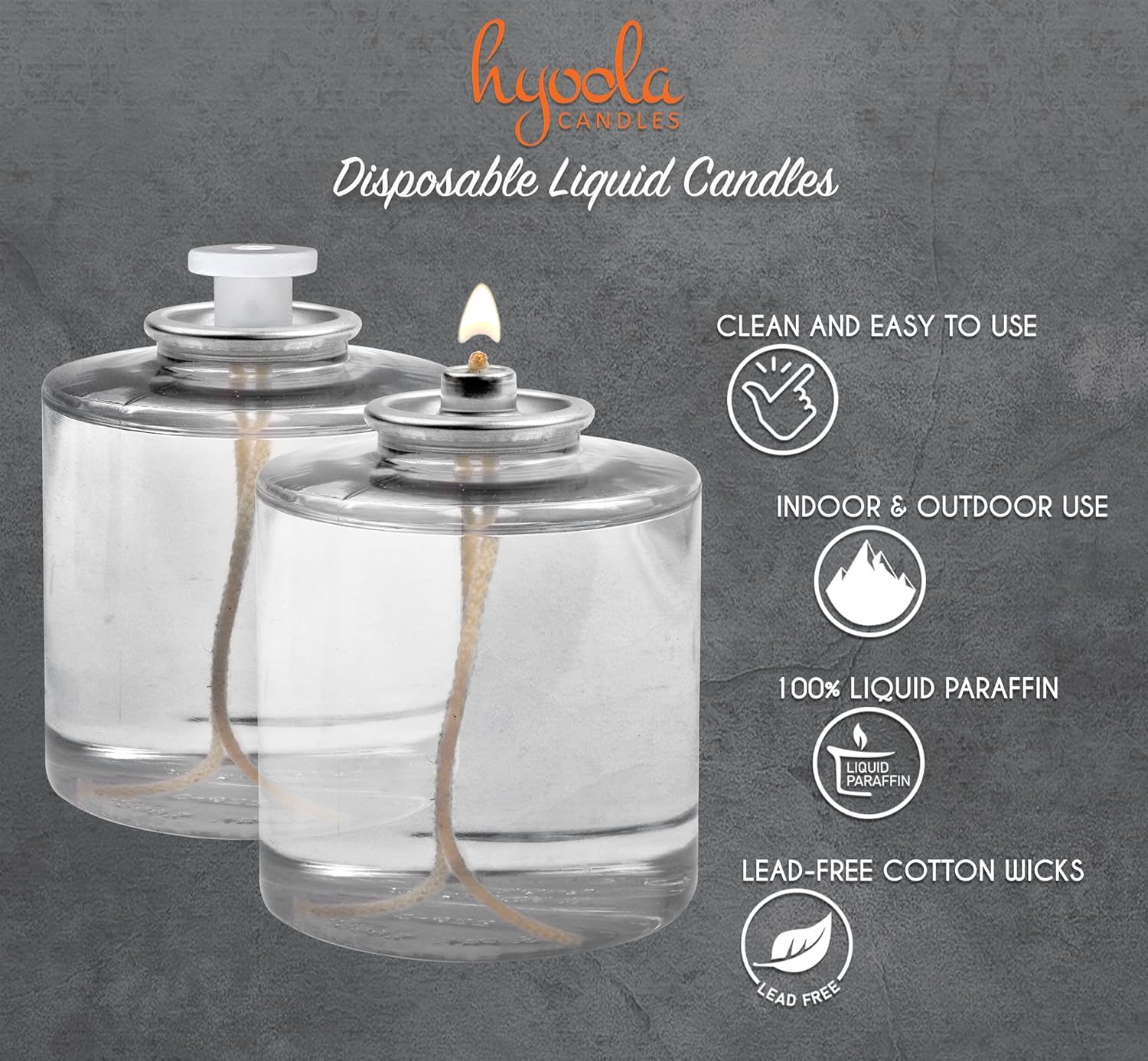 Highlights multiple key benefits of the disposable liquid candles in a segmented layout with icons, reassuring shoppers of ease of use, versatility, quality materials, and safety.