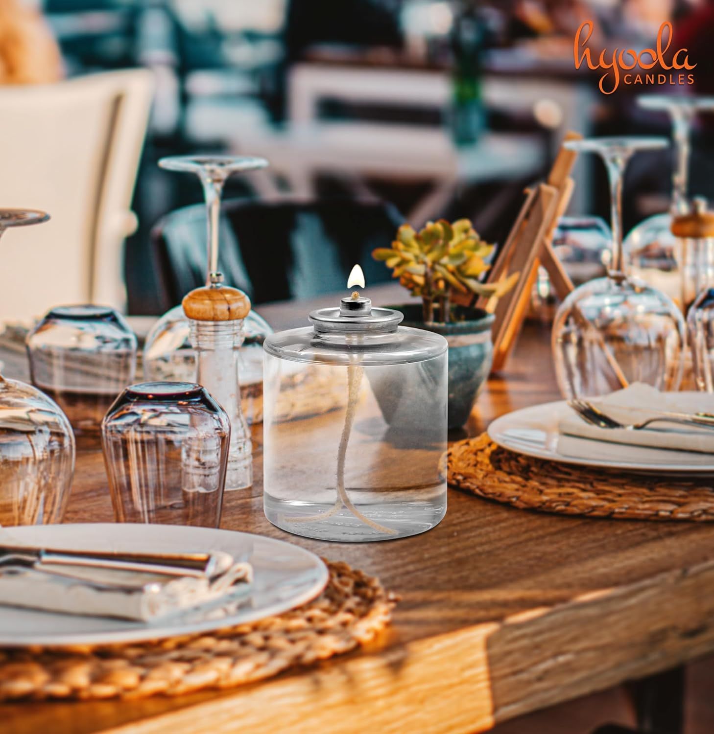 Displays the candle in a real-world dining table setting to help shoppers visualize how the product enhances ambiance during meals or gatherings.